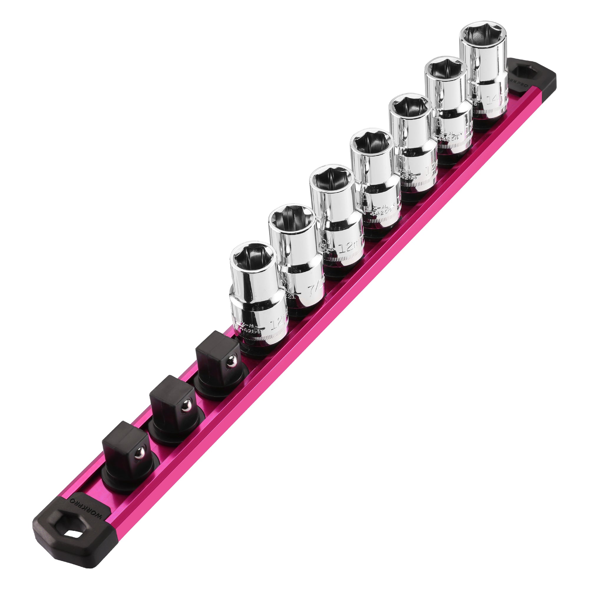 WORKPRO Magnetic Socket Organizer, 1/2-Inch Drive Aluminum Alloy Socket Rail, Heavy Duty Socket Holder, Socket Rack Kit 1/2-Inch x 10 Clips Rose Red(Socket not Included)
