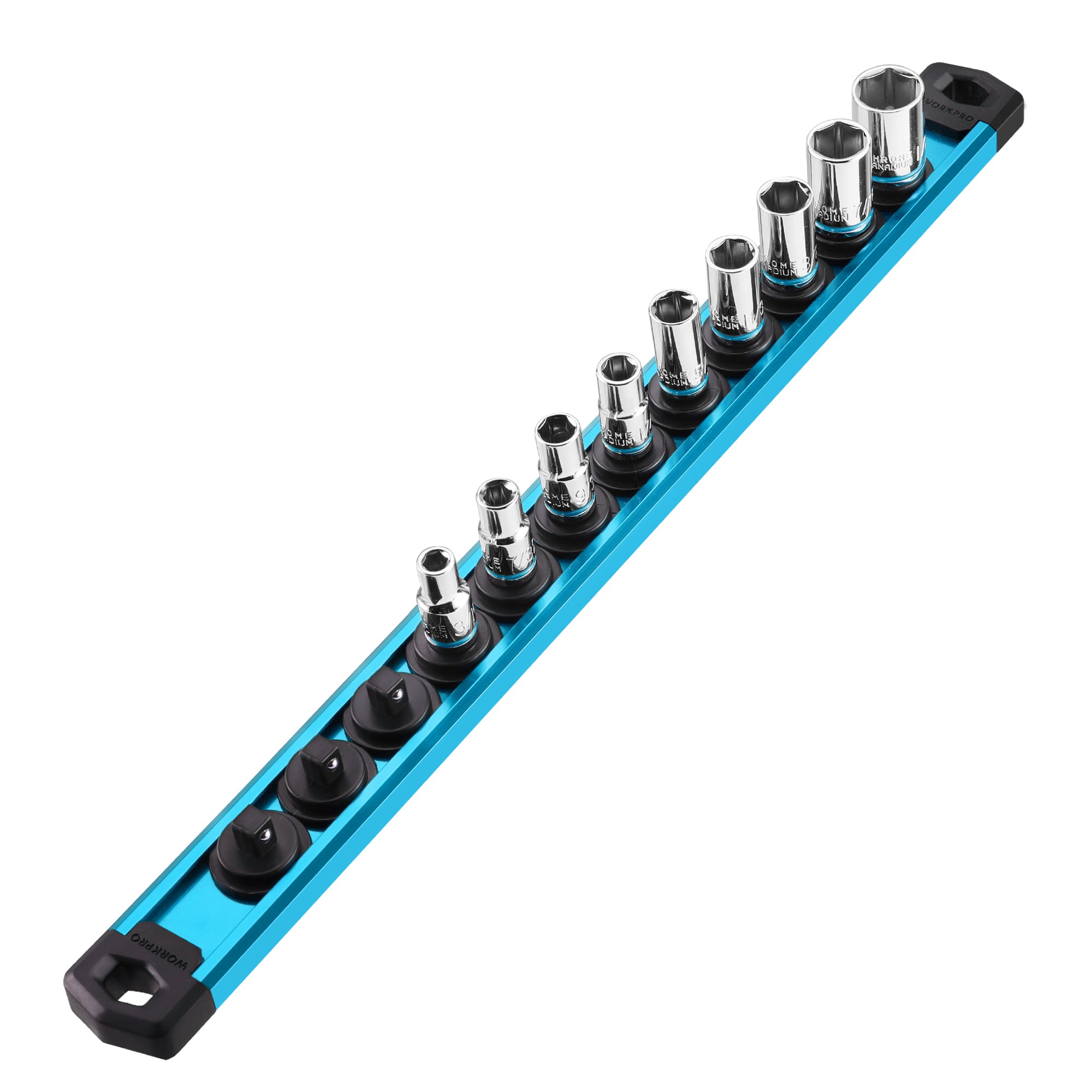 WORKPRO Magnetic Socket Organizer, 1/4-Inch Drive Aluminum Alloy Socket Rail, Heavy Duty Socket Holder, Socket Rack Kit 1/4-Inch x 12 Clips Sky Blue (Socket not Included)