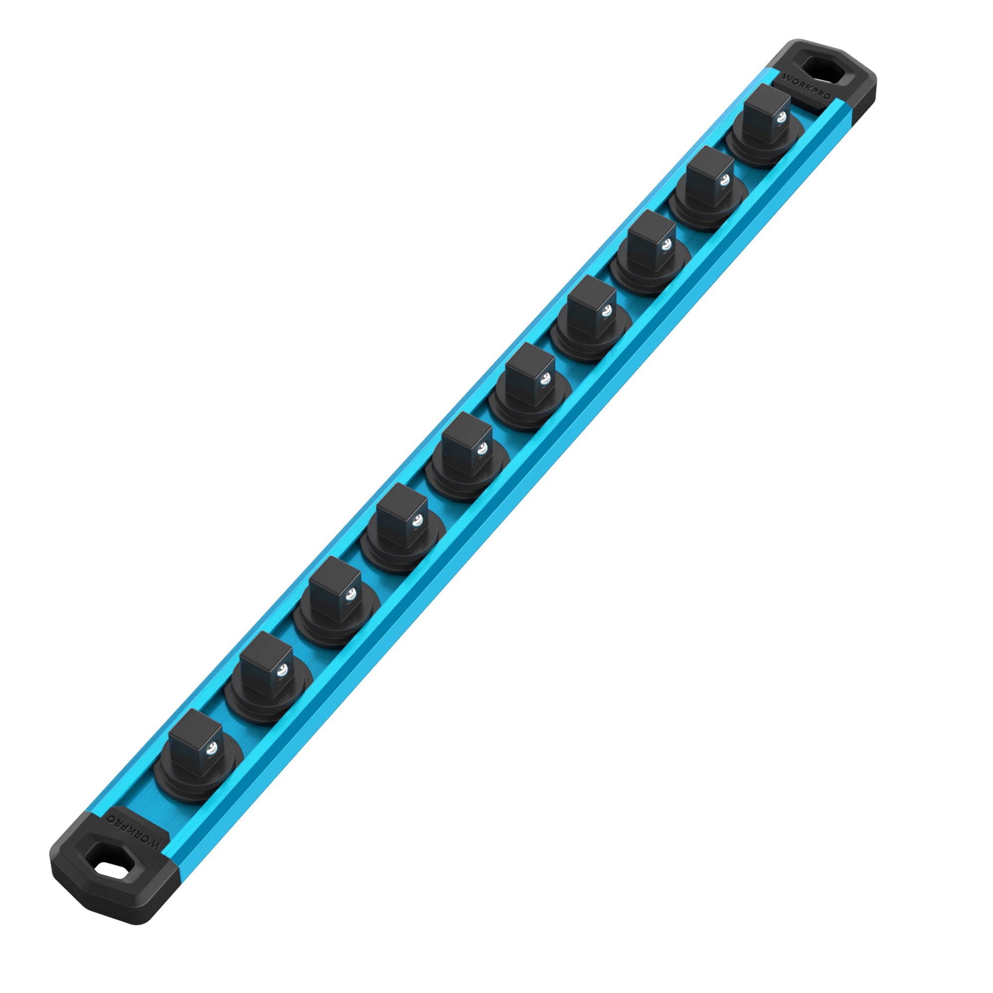 WORKPRO Magnetic Socket Organizer, 3/8-Inch Drive Aluminum Alloy Socket Rail, Heavy Duty Socket Holder, Socket Rack Kit 3/8-Inch x 10 Clips Sky Blue (Socket not Included)