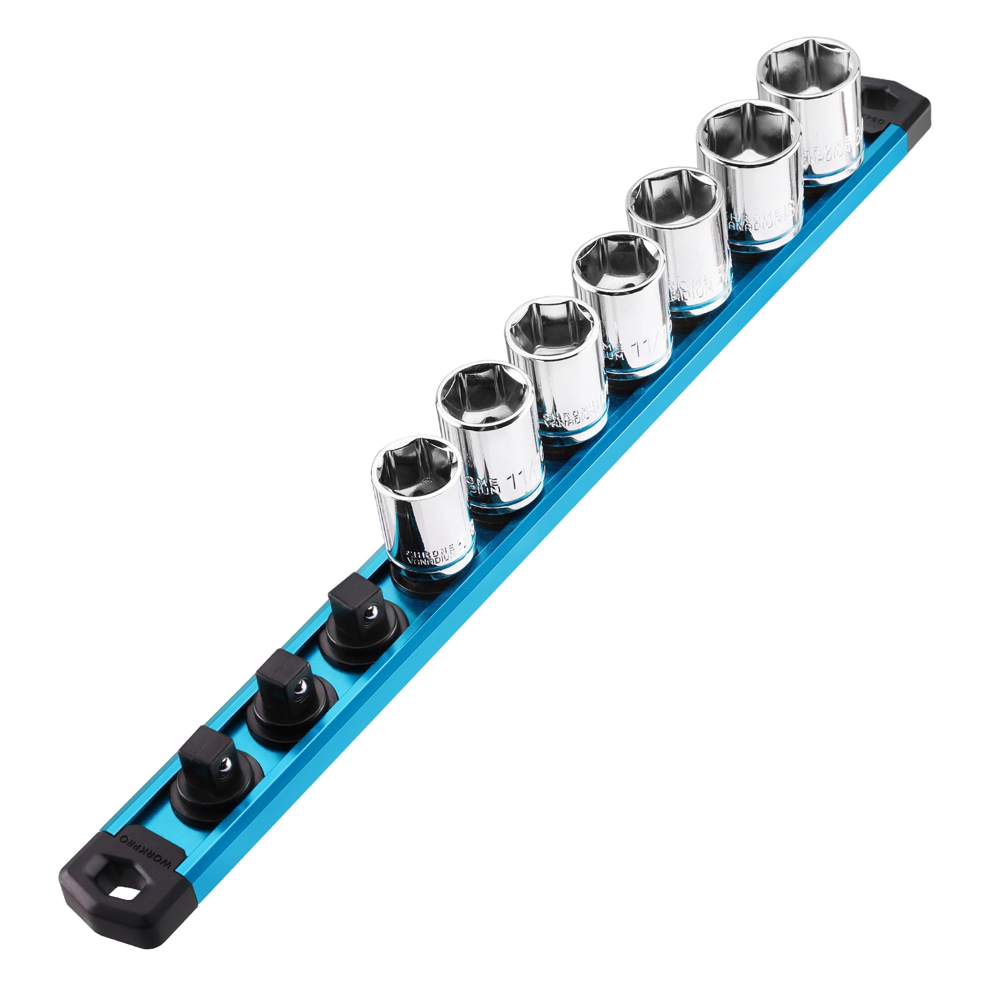 WORKPRO Magnetic Socket Organizer, 3/8-Inch Drive Aluminum Alloy Socket Rail, Heavy Duty Socket Holder, Socket Rack Kit 3/8-Inch x 10 Clips Sky Blue (Socket not Included)