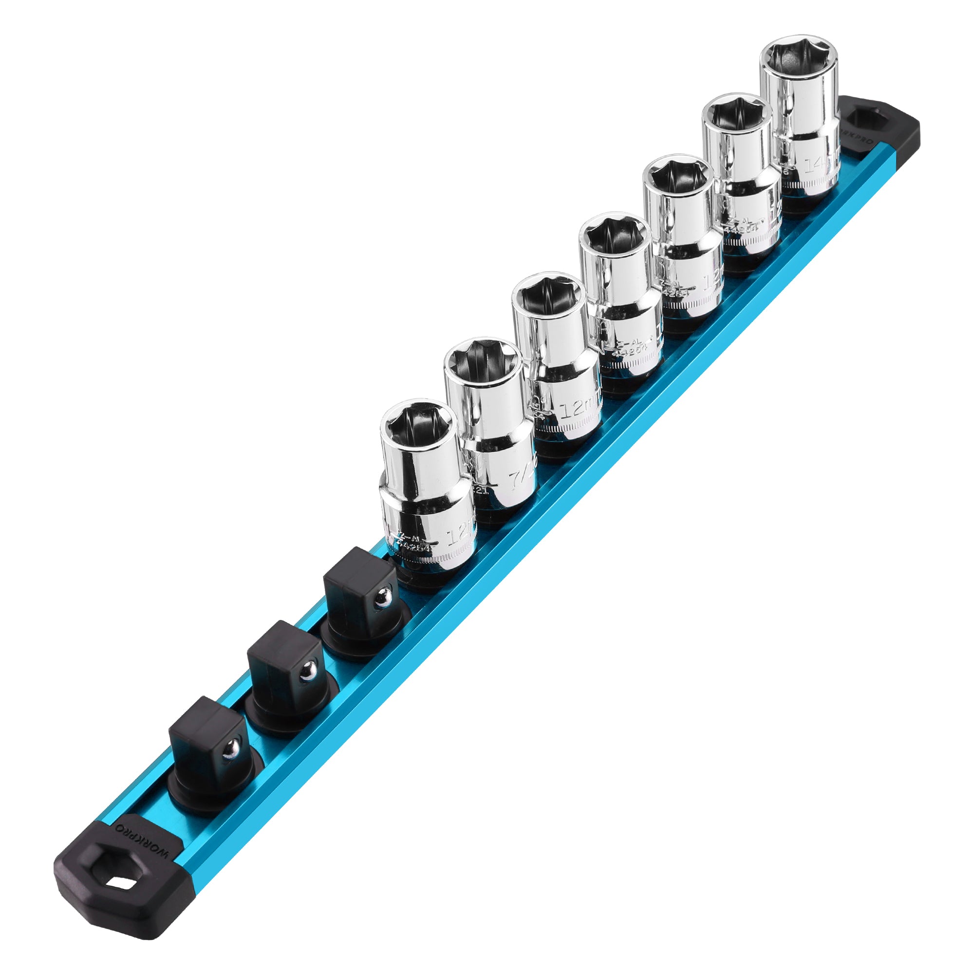 WORKPRO Magnetic Socket Organizer, 1/2-Inch Drive Aluminum Alloy Socket Rail, Heavy Duty Socket Holder, Socket Rack Kit 1/2-Inch x 10 Clips Sky Blue (Socket not Included)