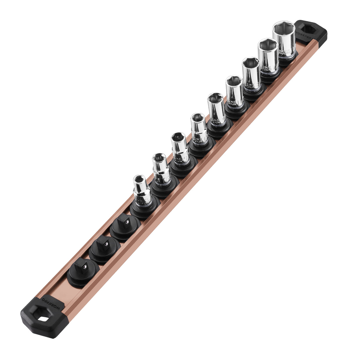 WORKPRO Magnetic Socket Organizer, 14-Inch Drive aluminum alloy socket rail in champagne with secure durable clips