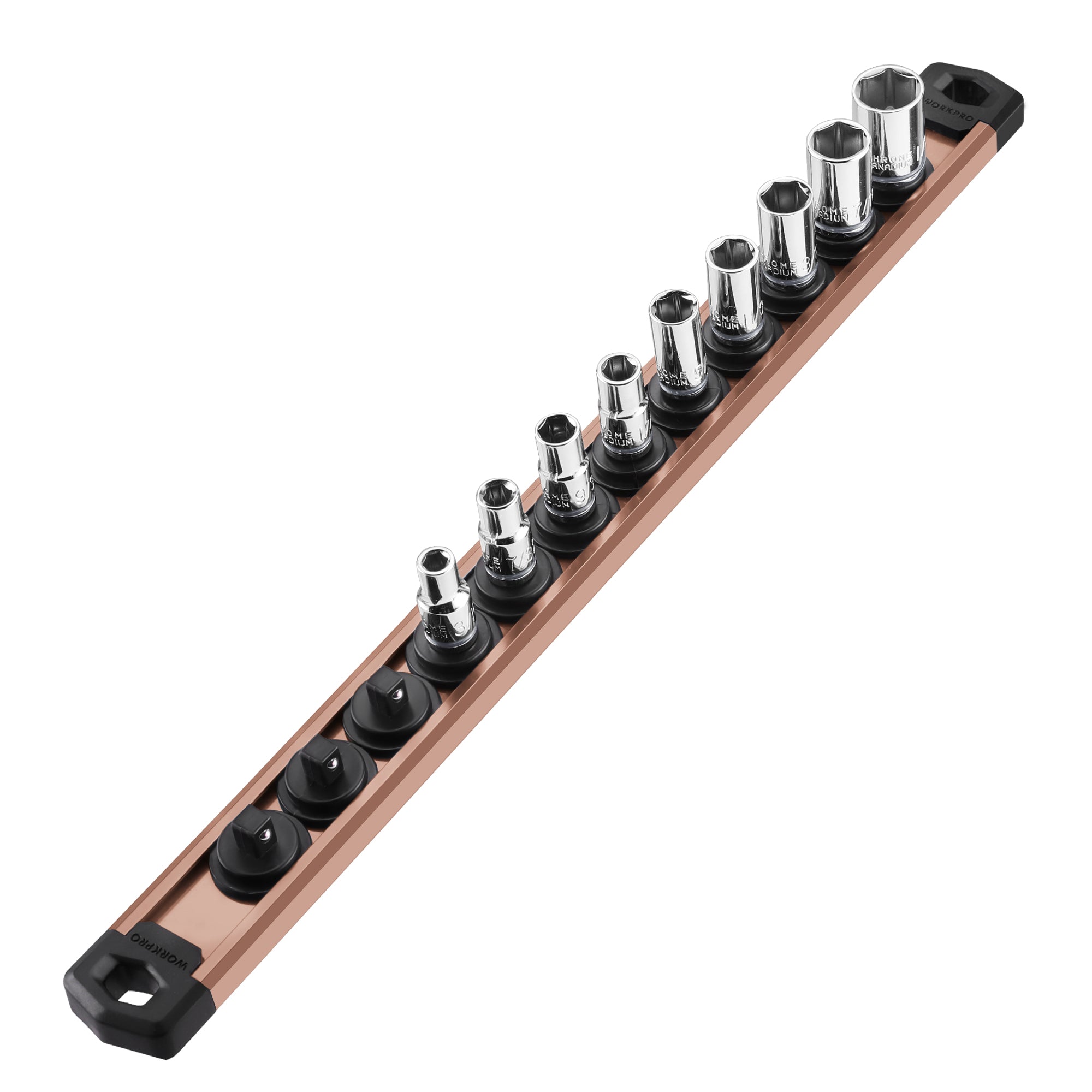 WORKPRO Magnetic Socket Organizer, 1/4-Inch Drive Aluminum Alloy Socket Rail, Heavy Duty Socket Holder, Socket Rack Kit 1/4-Inch x 12 Clips Champagne (Socket not Included)