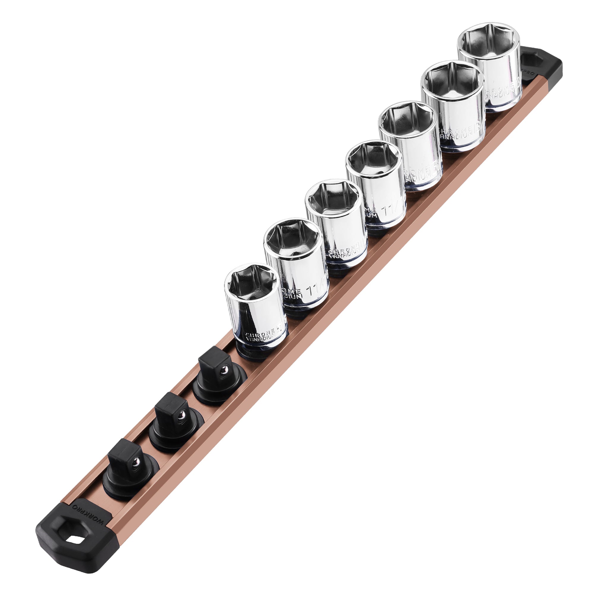 WORKPRO Magnetic Socket Organizer, 3/8-Inch Drive Aluminum Alloy Socket Rail, Heavy Duty Socket Holder, Socket Rack Kit 3/8-Inch x 10 Clips Champagne (Socket not Included)