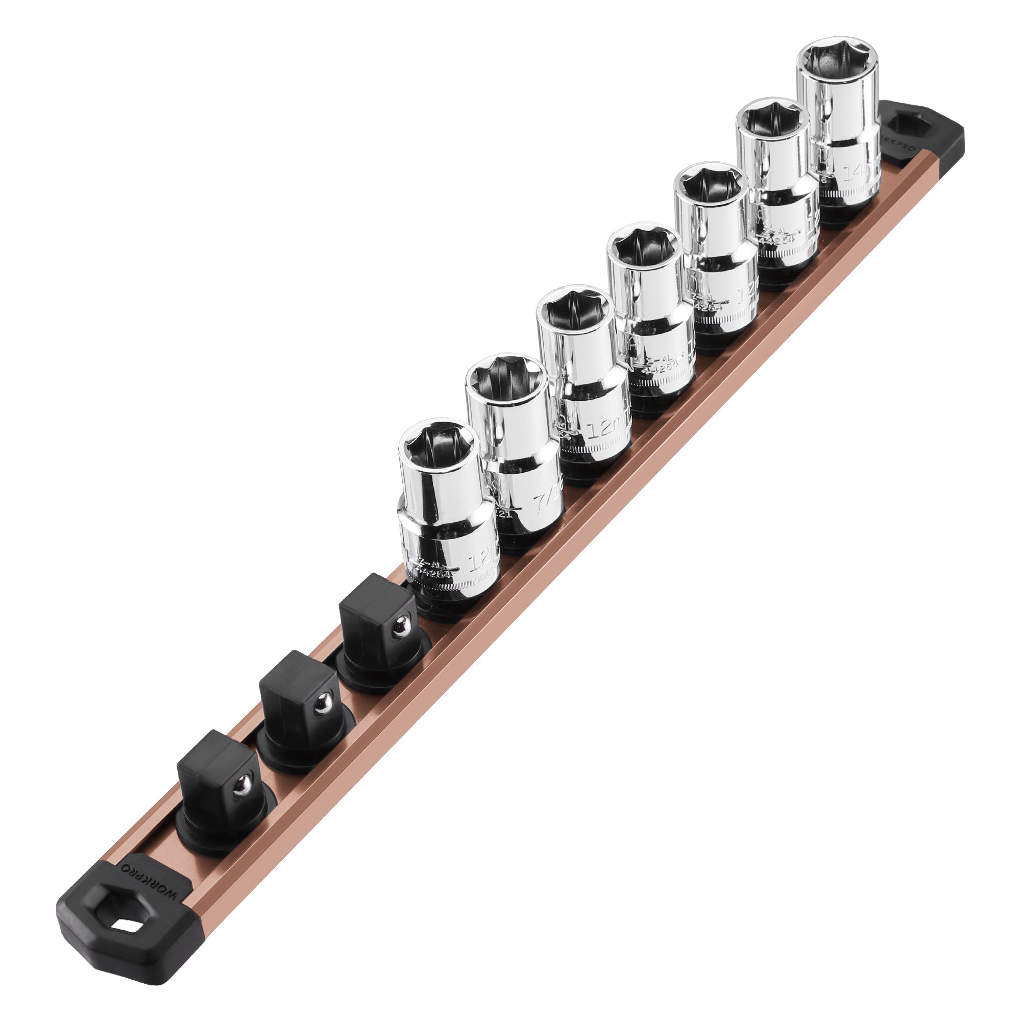 WORKPRO Magnetic Socket Organizer, 1/2-Inch Drive Aluminum Alloy Socket Rail, Heavy Duty Socket Holder, Socket Rack Kit 1/2-Inch x 10 Clips Champagne (Socket not Included)