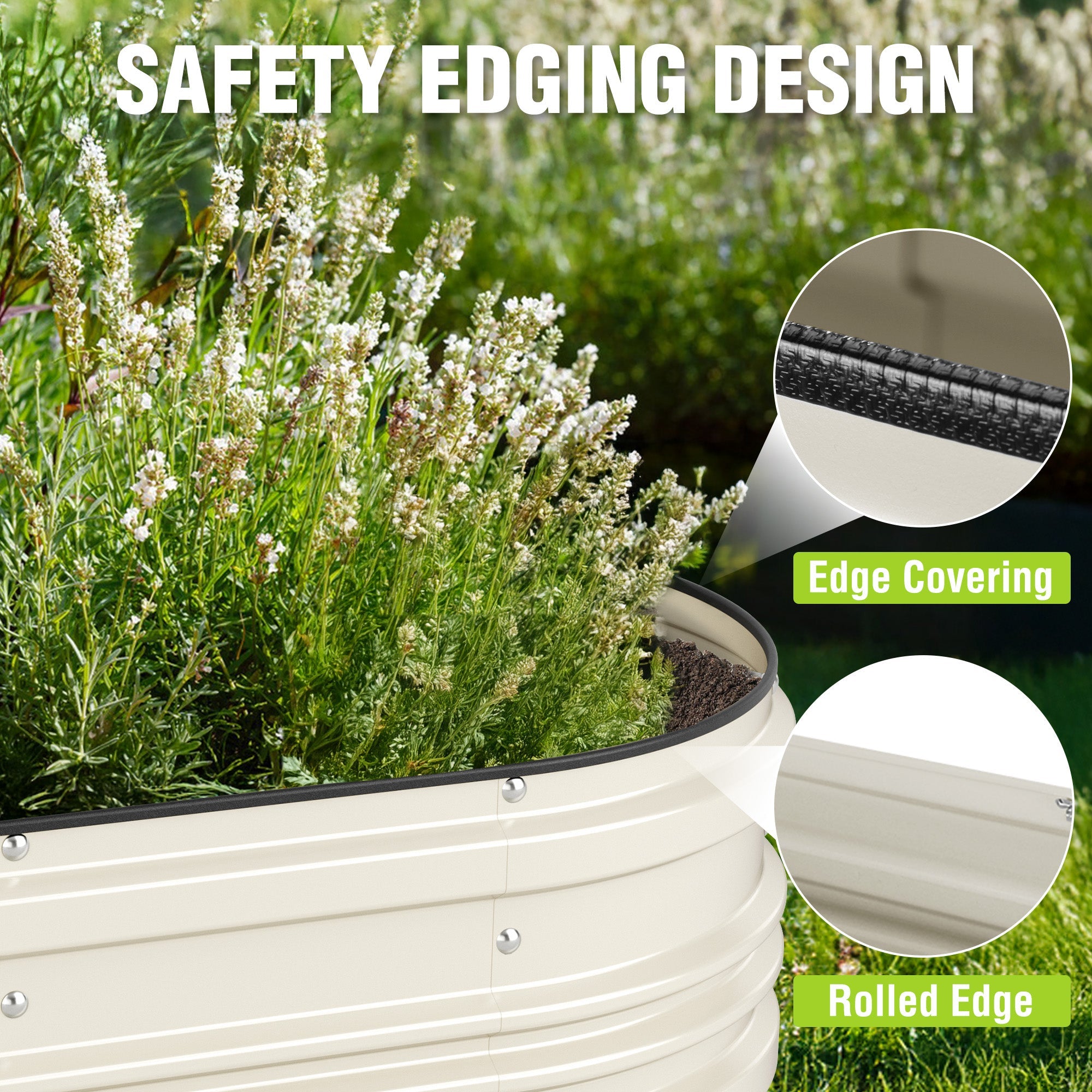 White raised garden bed with rolled rim and black safety edge covering