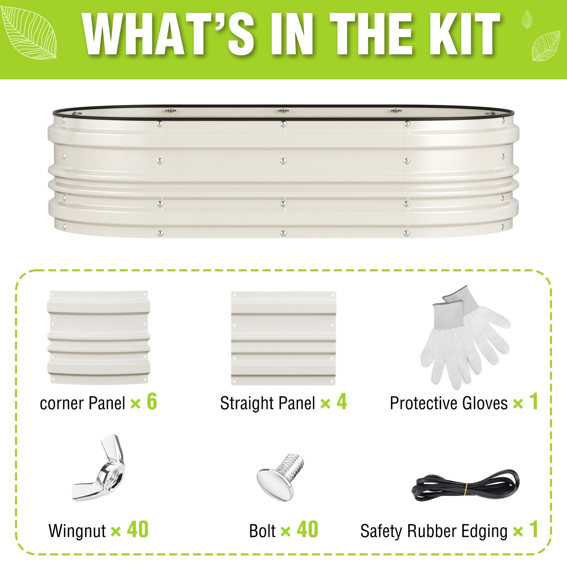 White raised garden bed kit parts: corner panels, straight panels, protective gloves, bolts