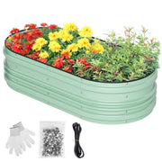 Green raised garden bed filled with colorful flowers and herbs, with metal ribbed sides