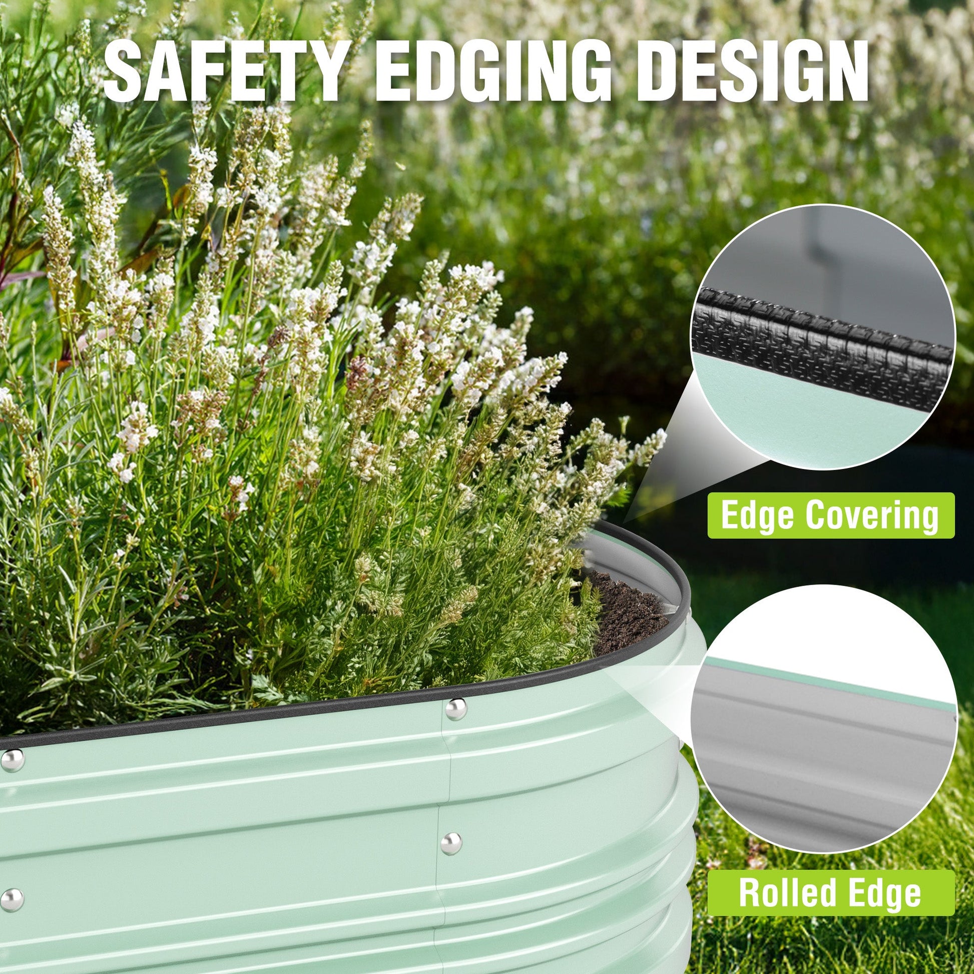 Green raised garden bed corner with black safety rubber edge and rolled metal rim