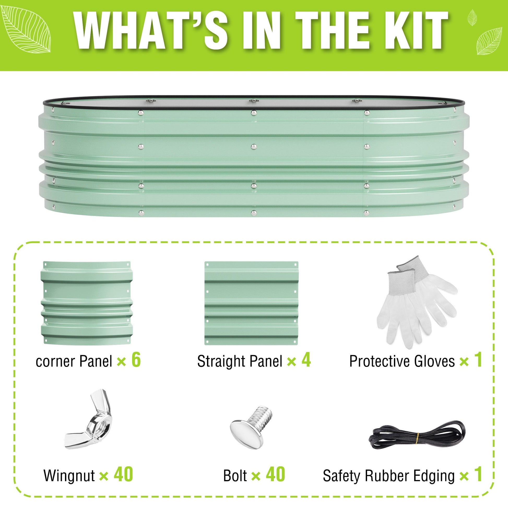 Green galvanized raised garden bed set with panels, gloves, wingnuts, bolts, and rubber edging