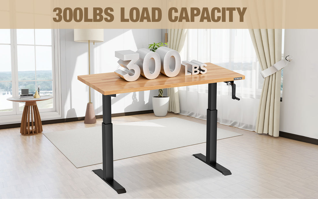 Adjustable desk with 300LBS load capacity sign, wood top and black legs in a bright living room