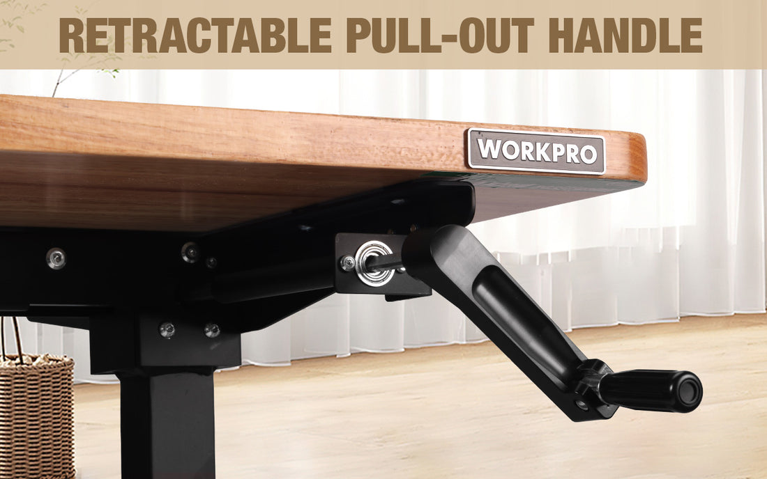 Workpro retractable pull-out handle on a wooden cabinet with black metal latch and screw hardware