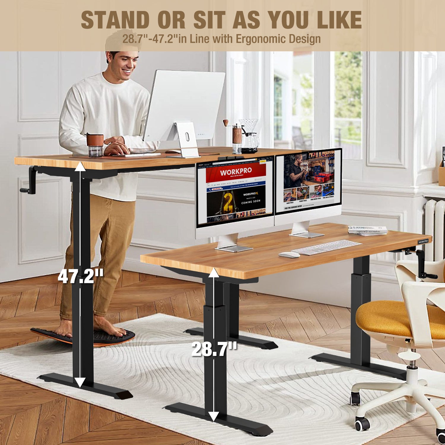 Adjustable workbench set low for sitting, light wood top on black stand