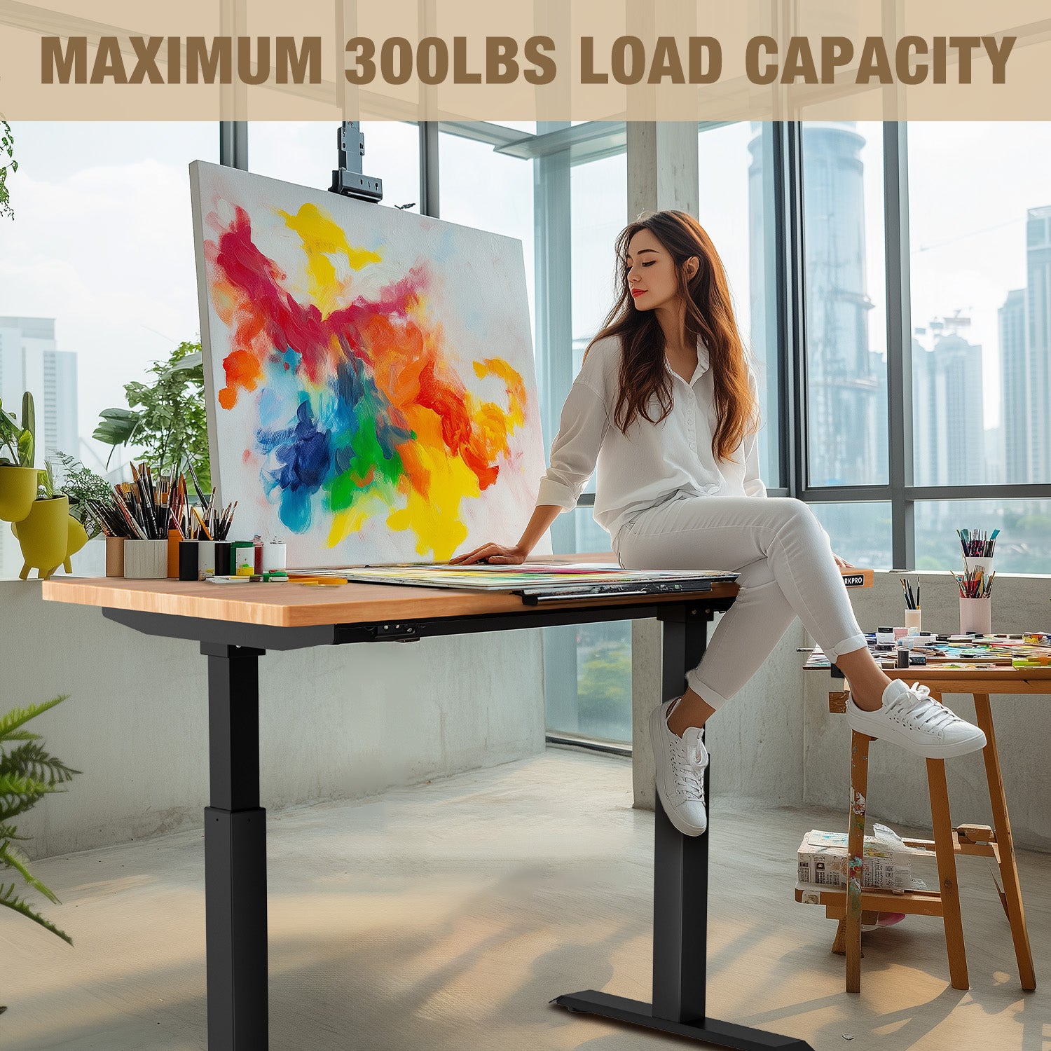 Adjustable standing desk with light wood top and black crank-lift base