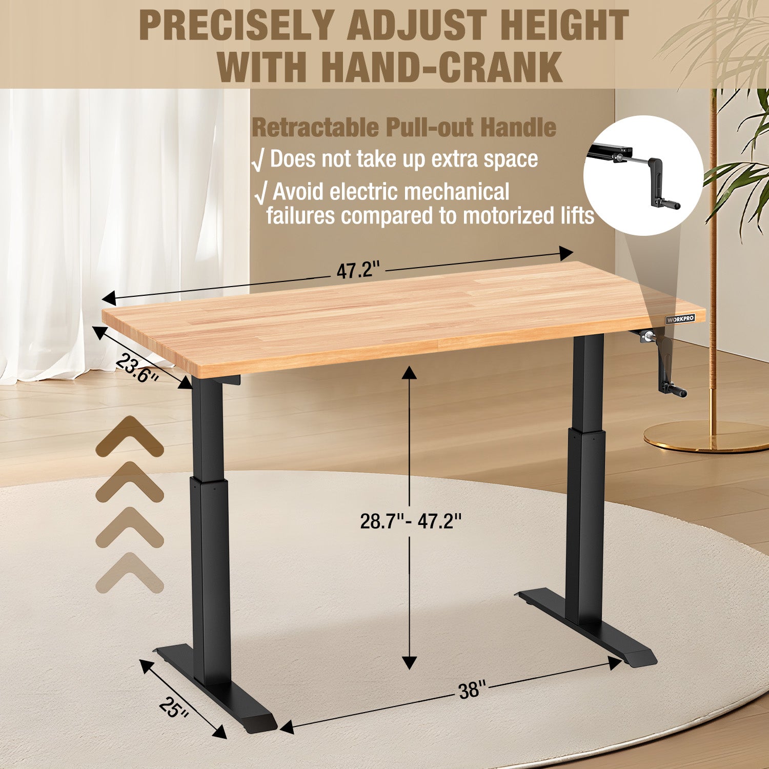 Height-adjustable workbench with hand-crank control and light wood tabletop