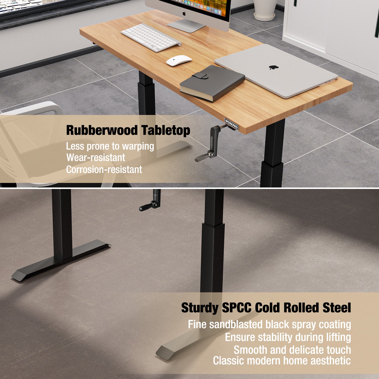 Rubberwood-style tabletop on black steel lift stand, seated work position