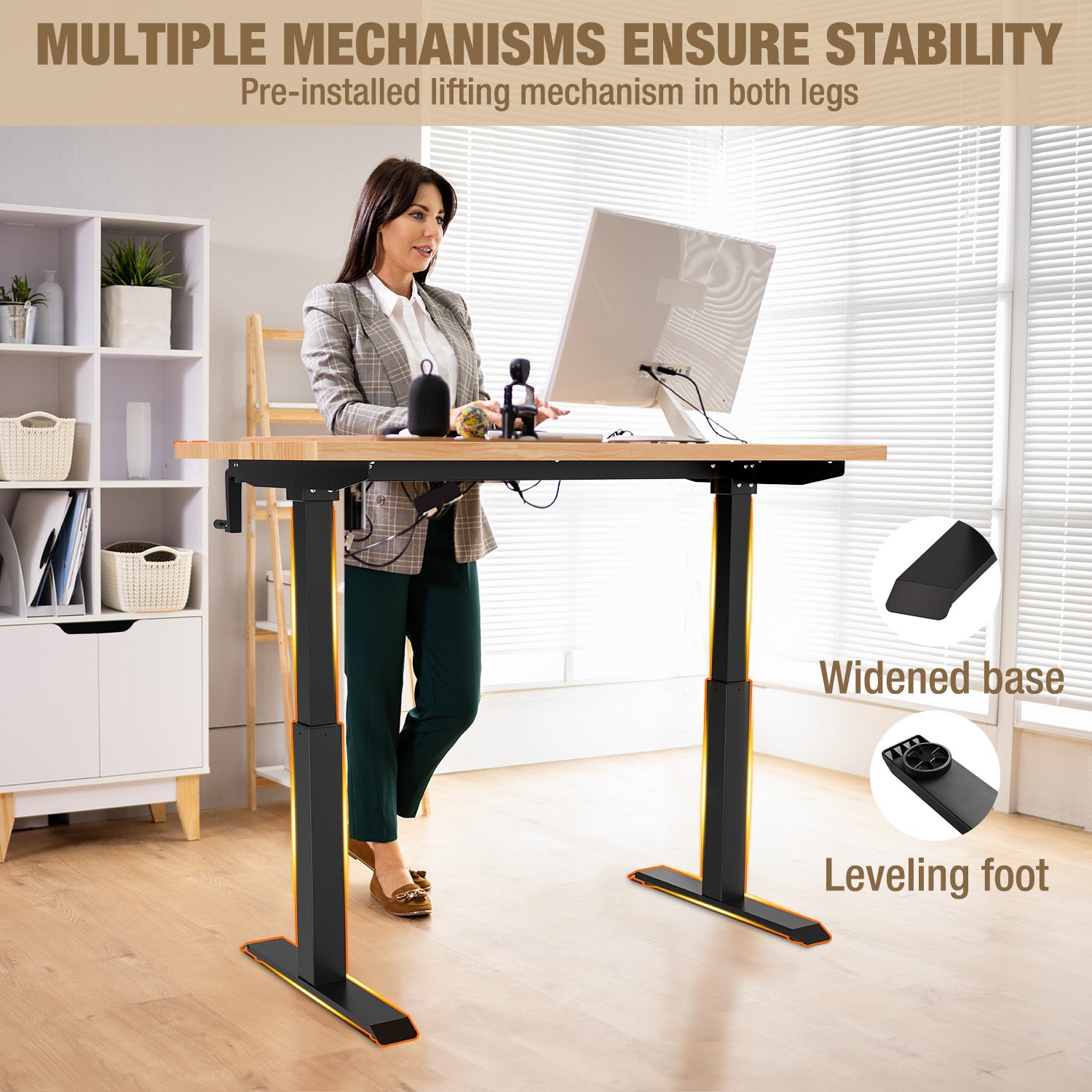 Adjustable height workbench with wide black base, leveling feet, light wood top