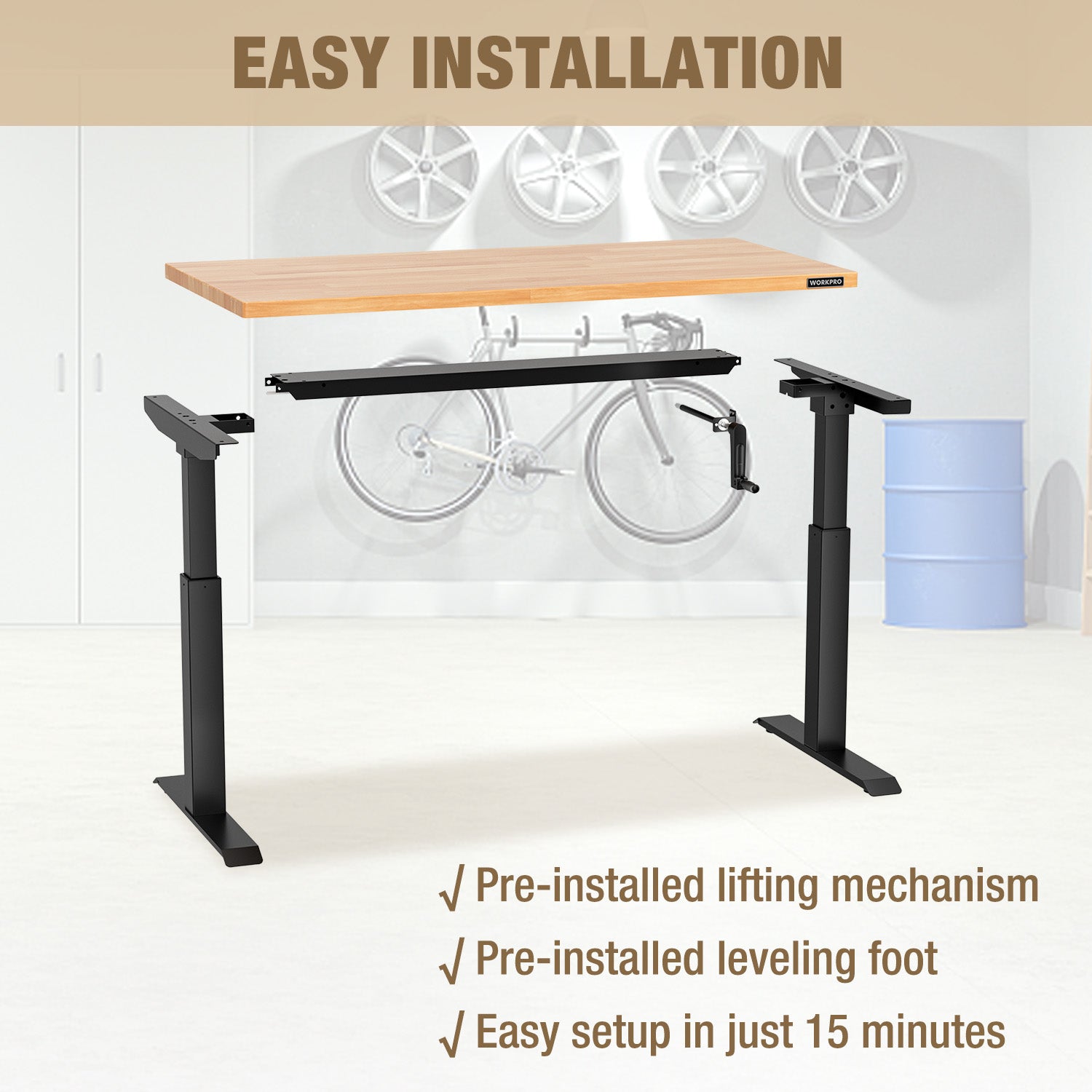 Adjustable standing desk with light wood top and visible lifting mechanism