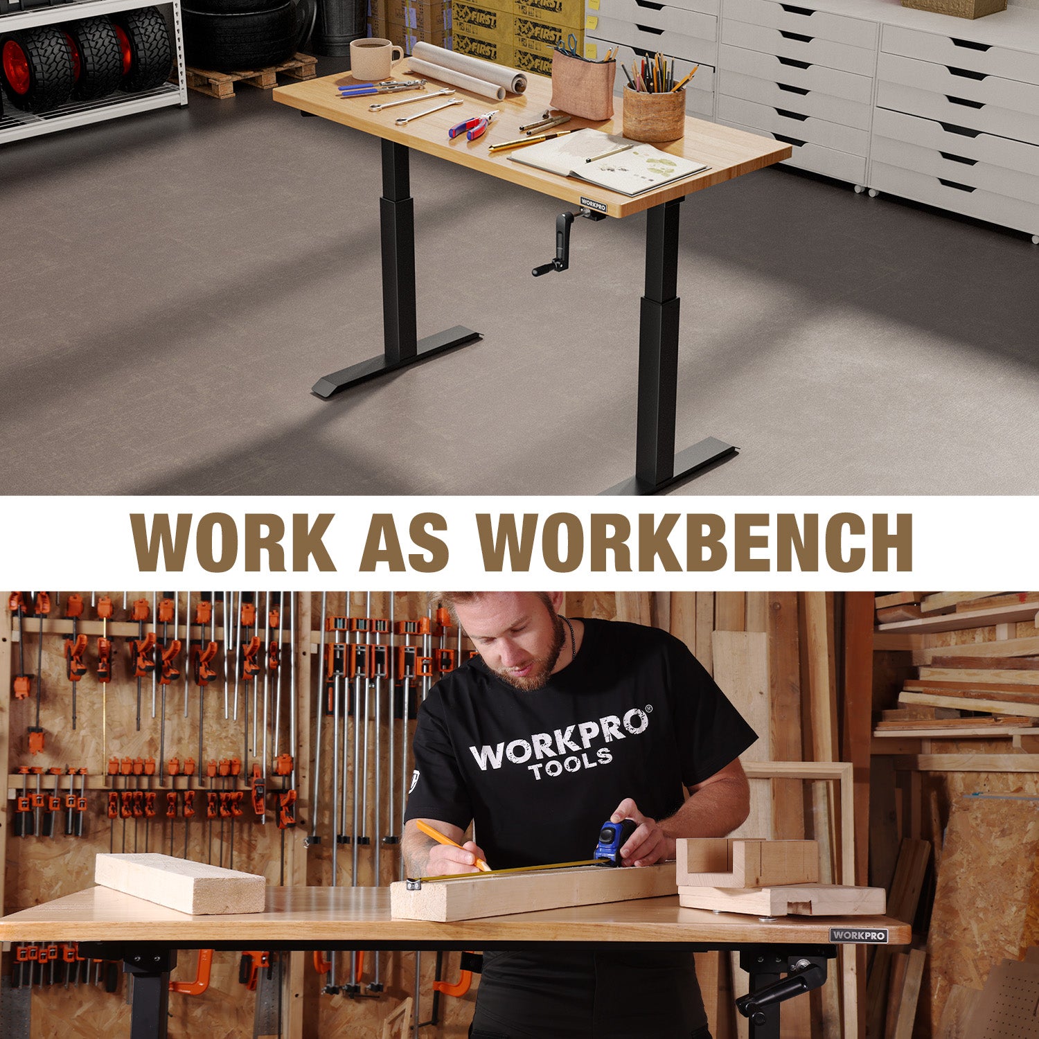 Adjustable workbench with light wood work surface and black lift legs