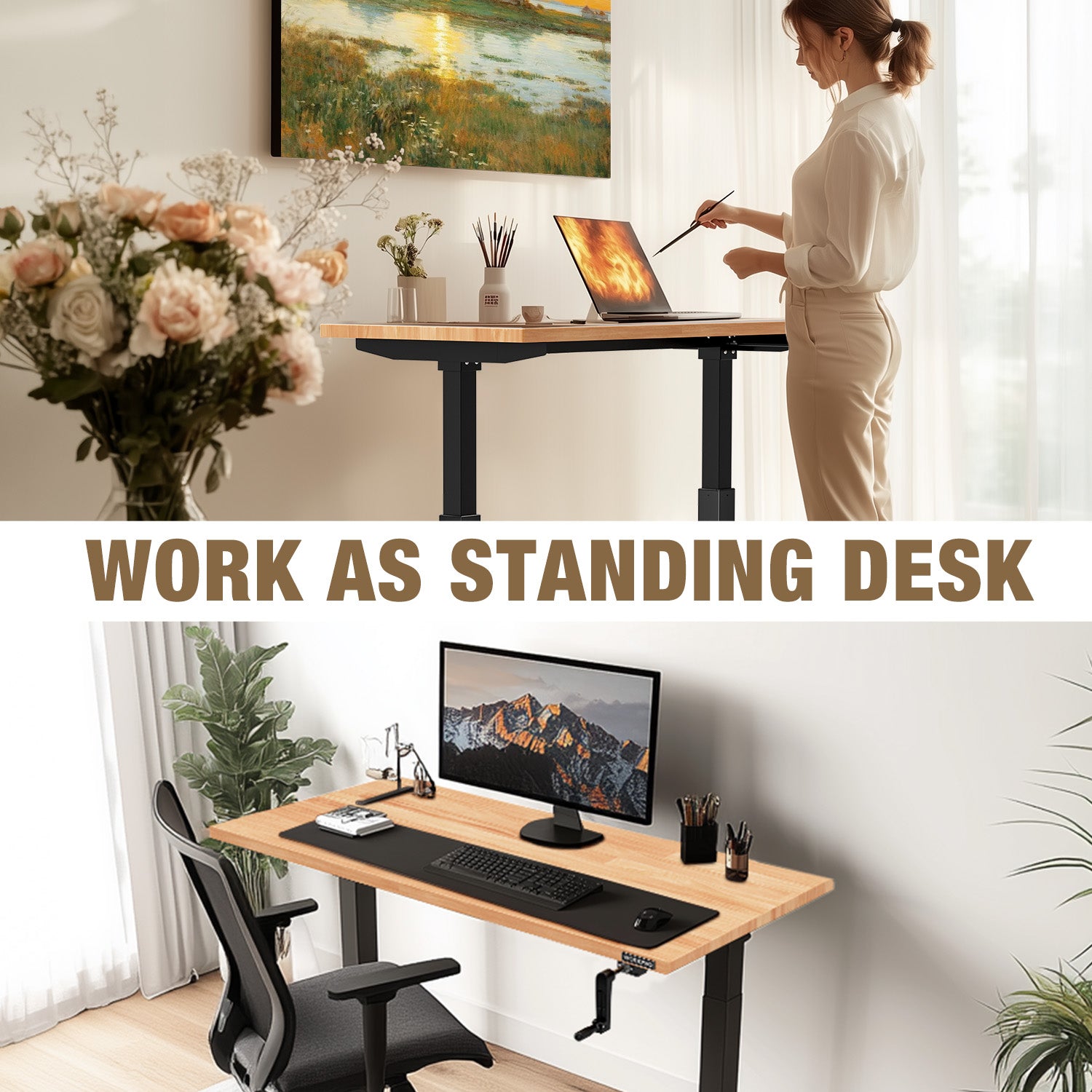 Adjustable standing desk with light wood top and black base for office use