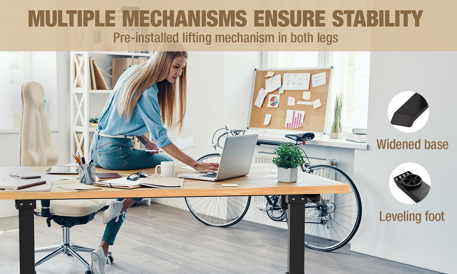 Woman working at a desk with a laptop and bicycle, innovation and quality shown in the text overlay