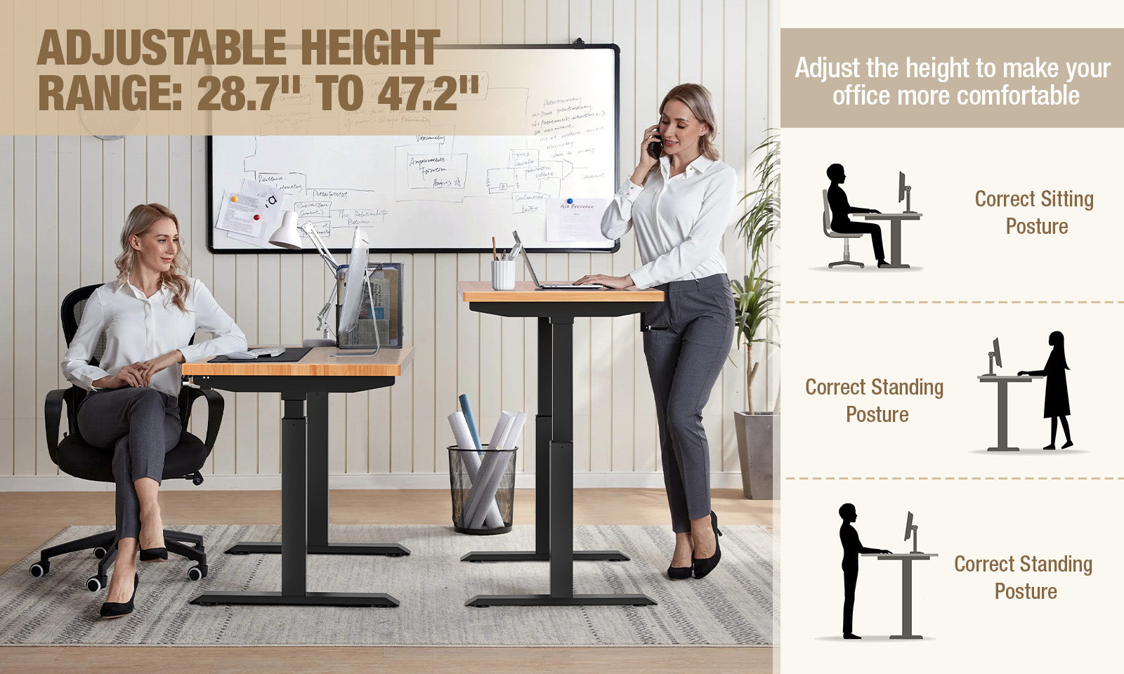 Adjustable height desk in office with woman standing and seated, showing innovation, quality, and secure posture