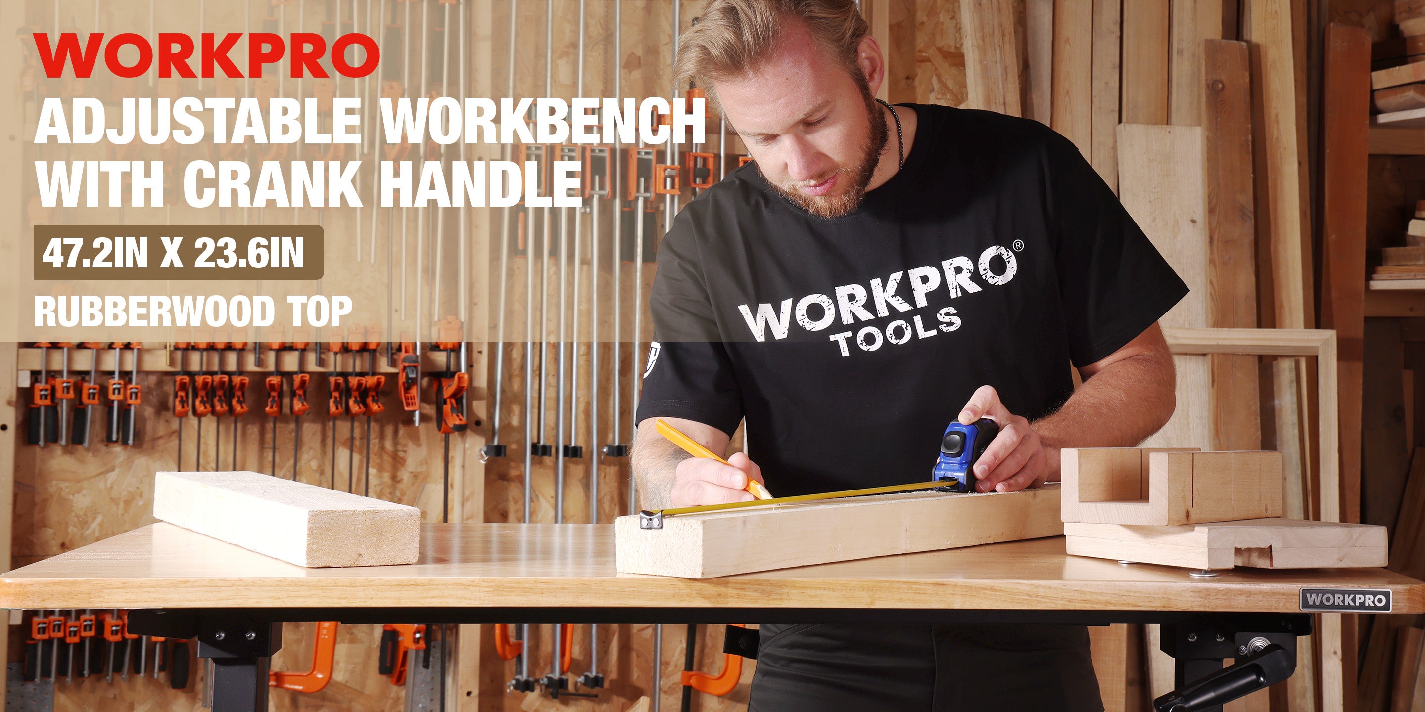 Carpenter measuring a wooden board at a workbench with a tape measure, innovation and quality in view