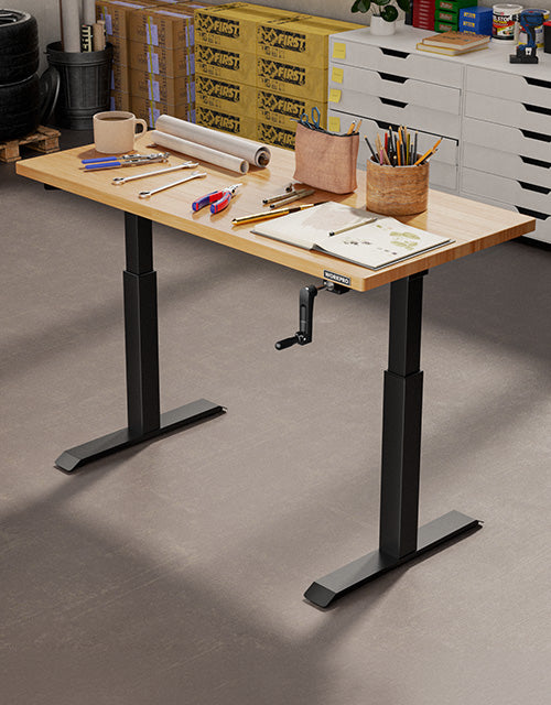 Standing desk setup with tools and notebooks, innovation and quality workspace, durable frame and secure base