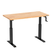 Adjustable workbench with light wood top and black crank-lift stand, wide base