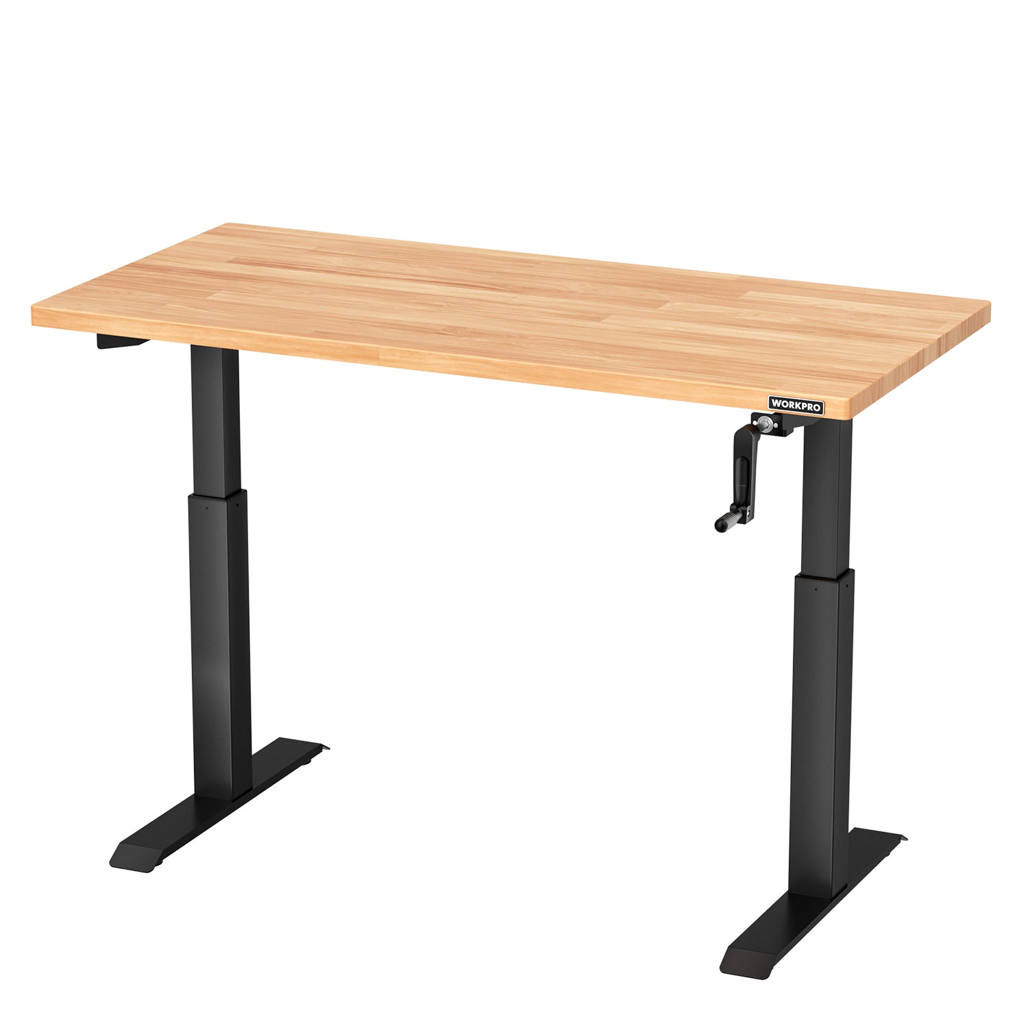 Adjustable crank workbench with light wood tabletop and black four-leg base
