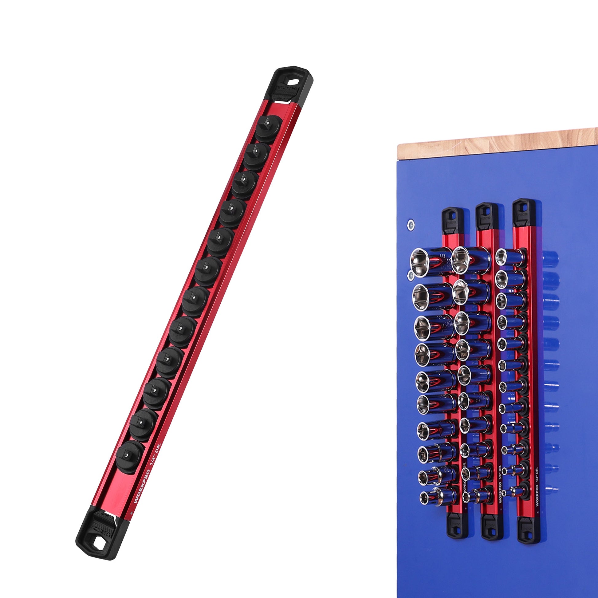WORKPRO Magnetic Socket Organizer, 14 inch drive aluminum alloy rail in red and black with secure removable clips