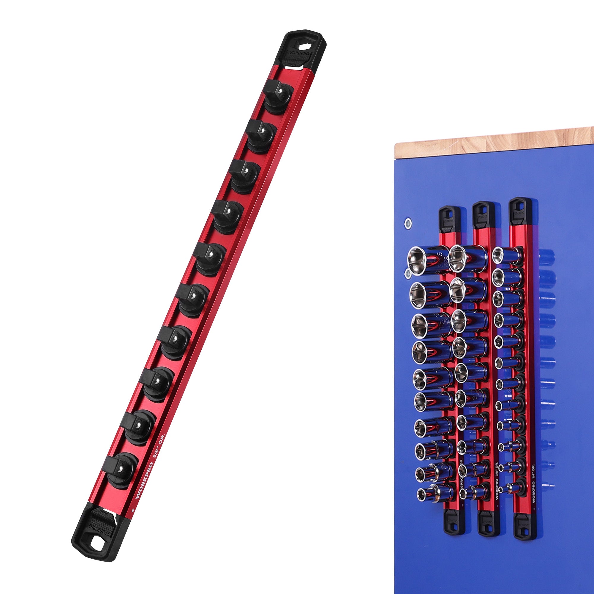 WORKPRO Magnetic Socket Organizer quality high-quality durable secure convenient with removable clips on red aluminum rail