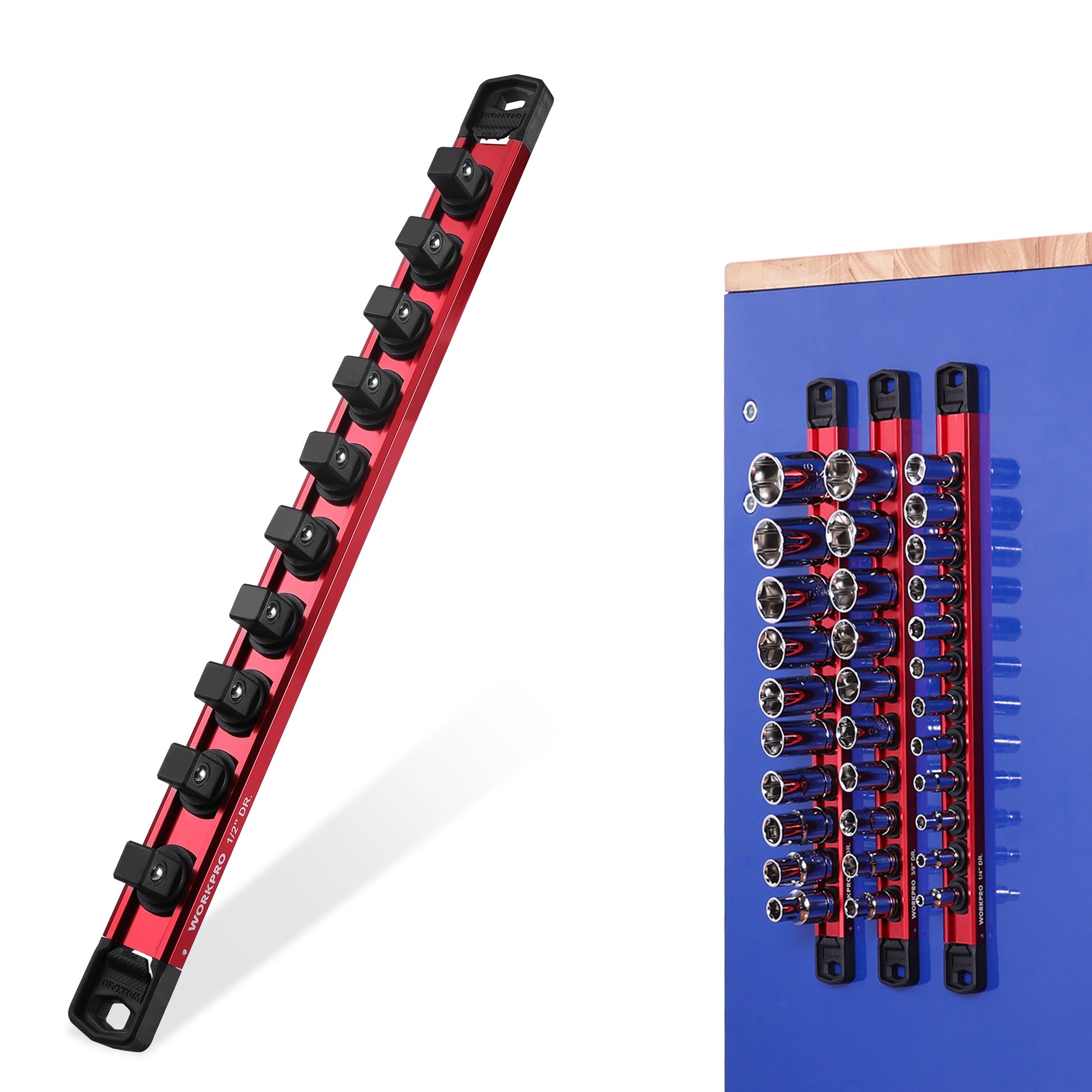 WORKPRO Magnetic Socket Organizer with 10 removable clips, innovation and secure durable quality, red rail