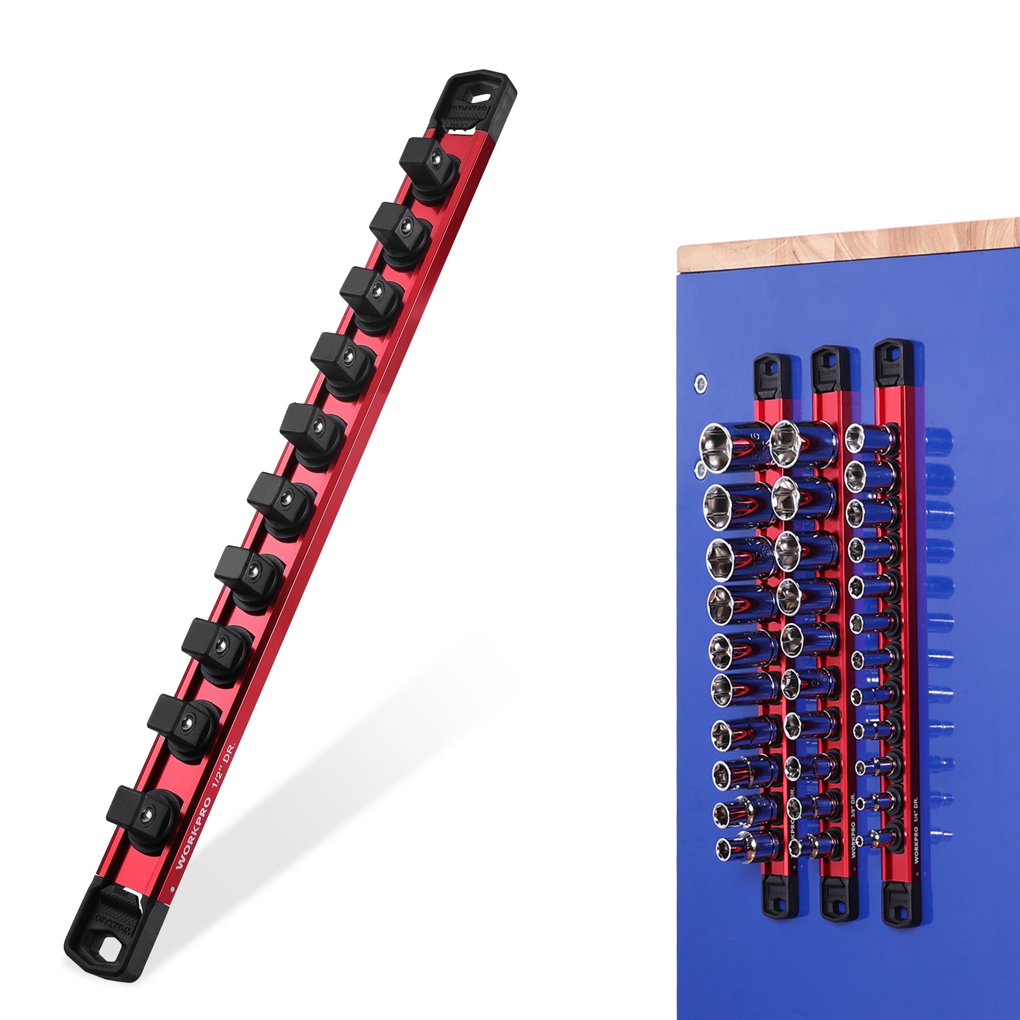 WORKPRO Magnetic Socket Organizer with 10 removable clips, innovation and secure durable quality, red rail