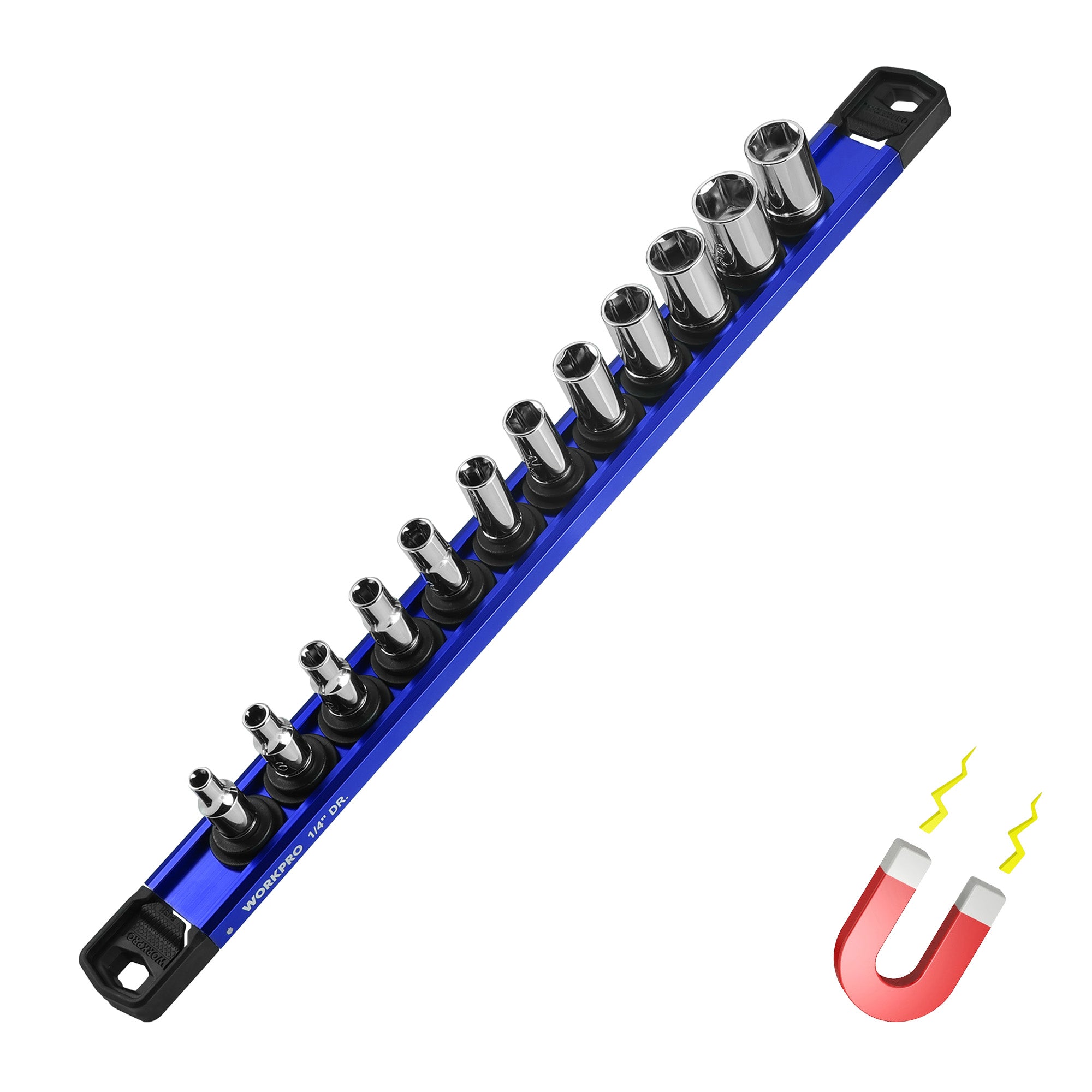 WORKPRO Magnetic Socket Organizer, 1/4" Drive Aluminum Alloy Socket Holder with 12PC Removable Socket Clips for Quick Customization, Socket Rail for Tool Box Drawer (Sockets Not Included)