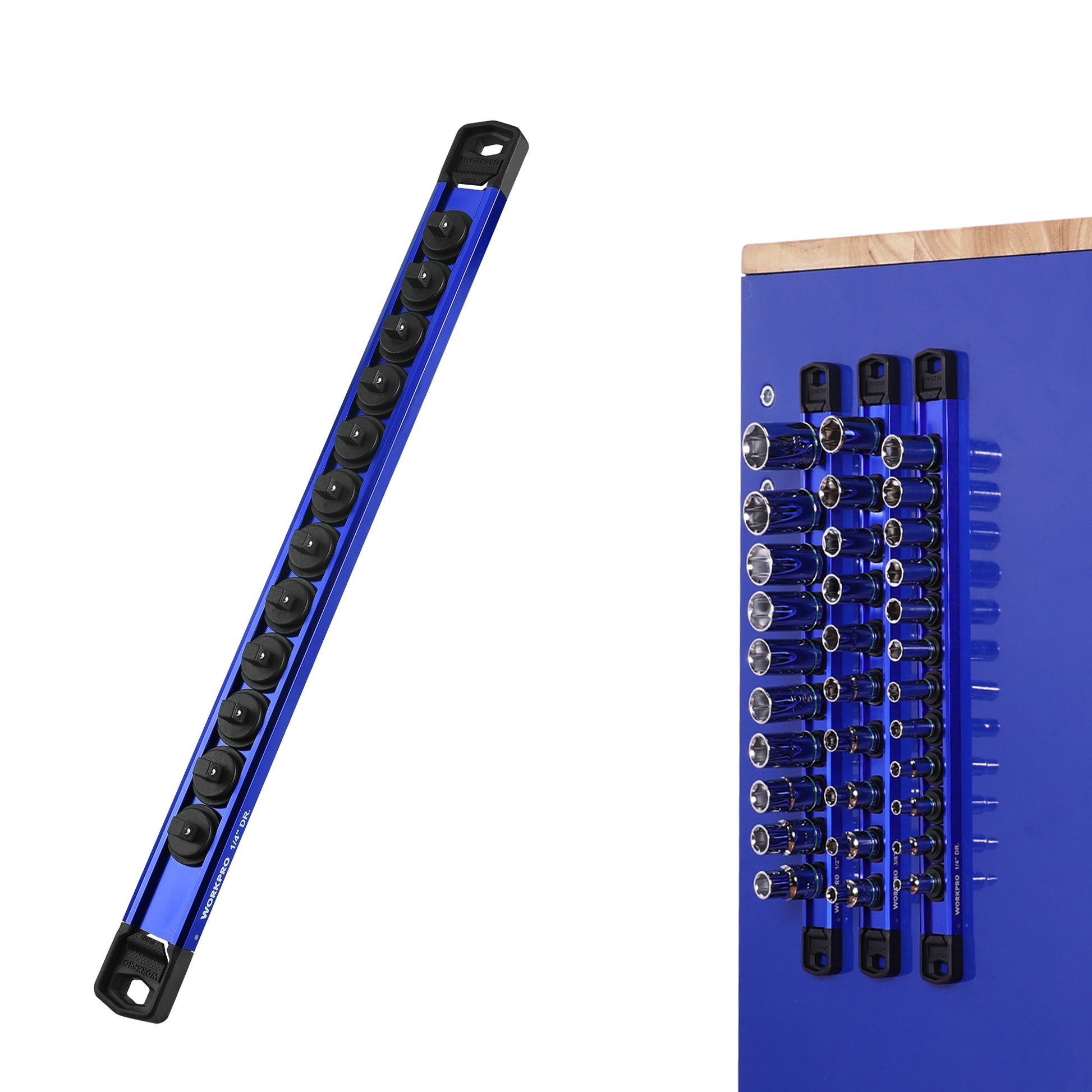 WORKPRO Magnetic Socket Organizer 14 inch drive blue aluminum alloy rail with innovation quality durable secure clips