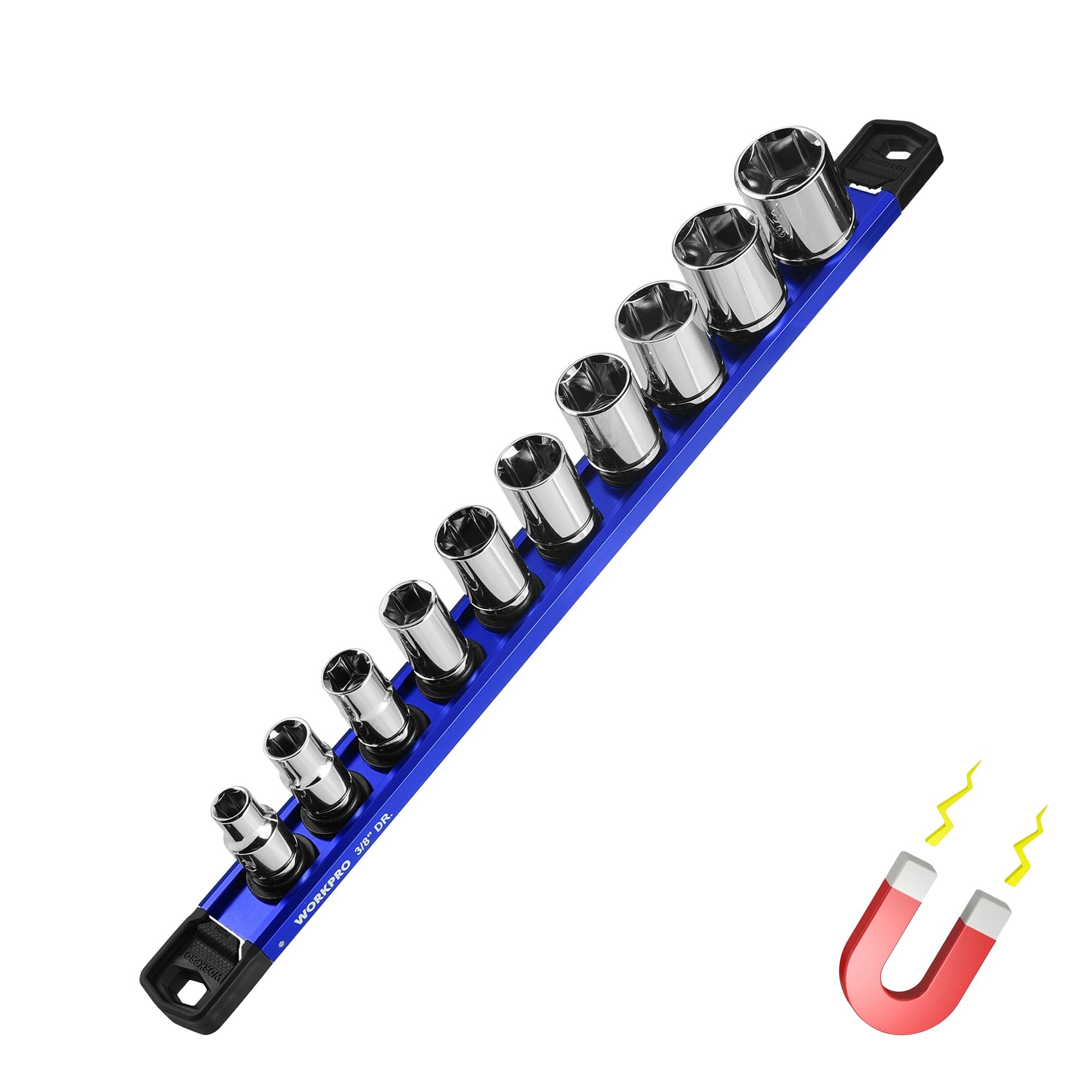 WORKPRO Magnetic Socket Organizer, 3/8" Drive Aluminum Alloy Socket Holder with 10PC Removable Socket Clips for Quick Customization, Socket Rail for Tool Box Drawer (Sockets Not Included)