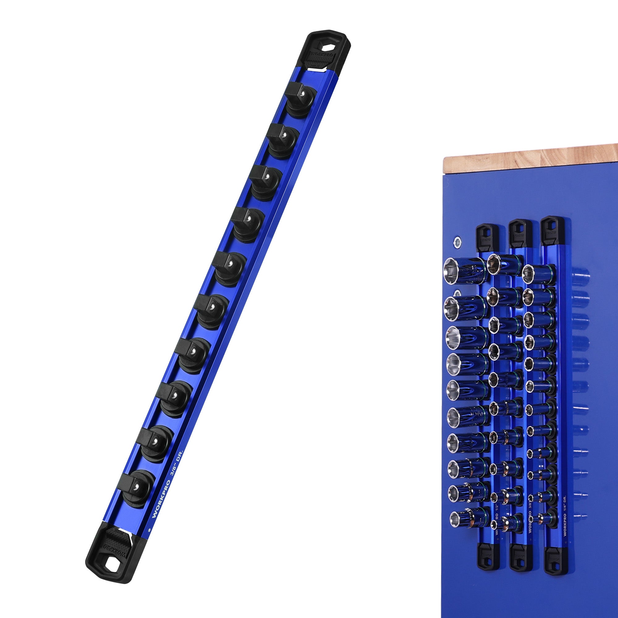 WORKPRO Magnetic Socket Organizer, 3/8" Drive Aluminum Alloy Socket Holder with 10PC Removable Socket Clips for Quick Customization, Socket Rail for Tool Box Drawer (Sockets Not Included)