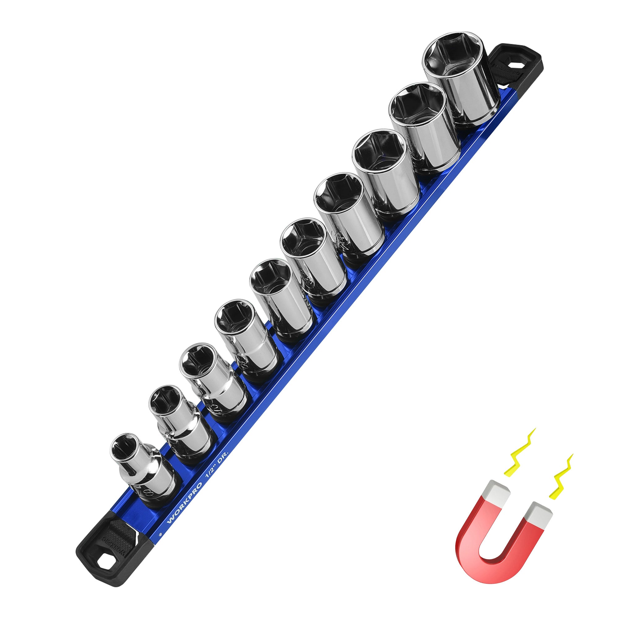 WORKPRO Magnetic Socket Organizer with 10 removable clips, innovation quality and secure durable aluminum alloy rail