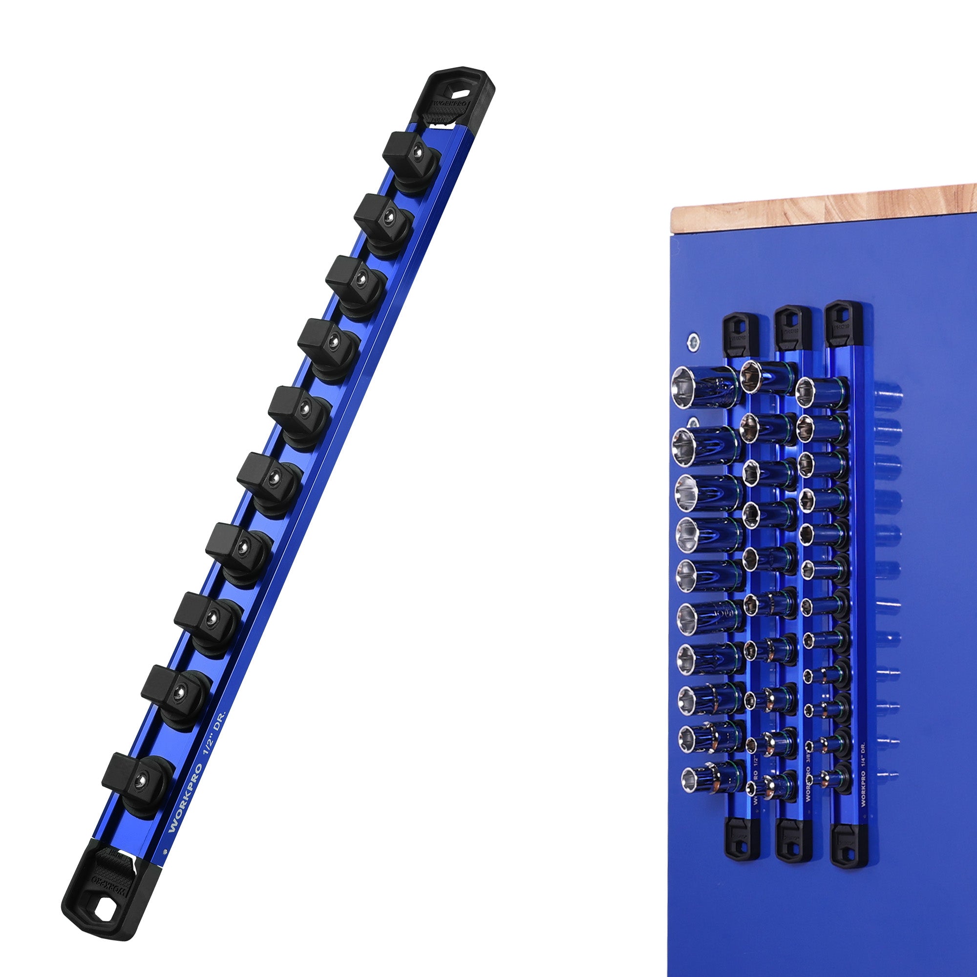 WORKPRO Magnetic Socket Organizer with 10 removable clips, blue aluminum rail, innovation quality durable secure
