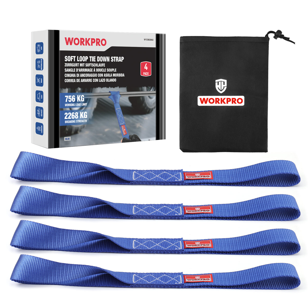 WORKPRO Soft Loop Tie Down Straps (4-Pack), 1.6" x 17", 5000 lbs Breaking Strength, Heavy Duty with Soft Loop Ends for Securing Motorcycles, ATVs, UTVs, Kayaks, Dirt Bikes - Blue