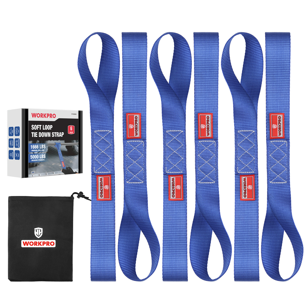 WORKPRO Soft Loop Tie Down Straps (6-Pack), 1.6" x 17", 5000 lbs Breaking Strength. Heavy Duty with Soft Loop Ends for Securing Motorcycles, ATVs, UTVs, Kayaks, Dirt Bikes - Blue