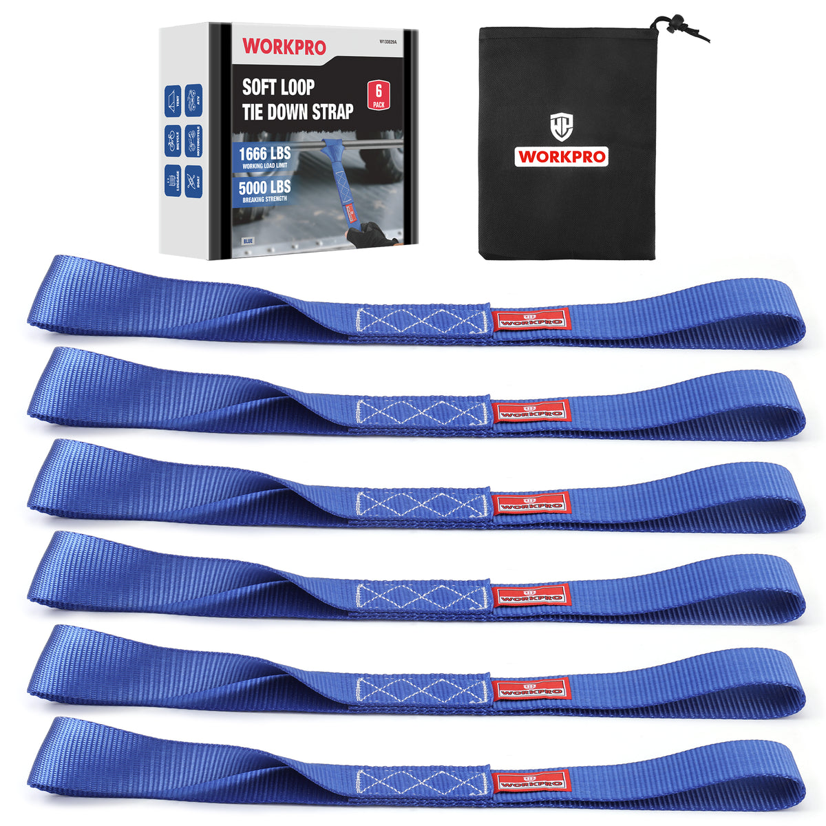 WORKPRO Soft Loop Tie Down Straps (6-Pack), 1.6" x 17", 5000 lbs Breaking Strength. Heavy Duty with Soft Loop Ends for Securing Motorcycles, ATVs, UTVs, Kayaks, Dirt Bikes - Blue