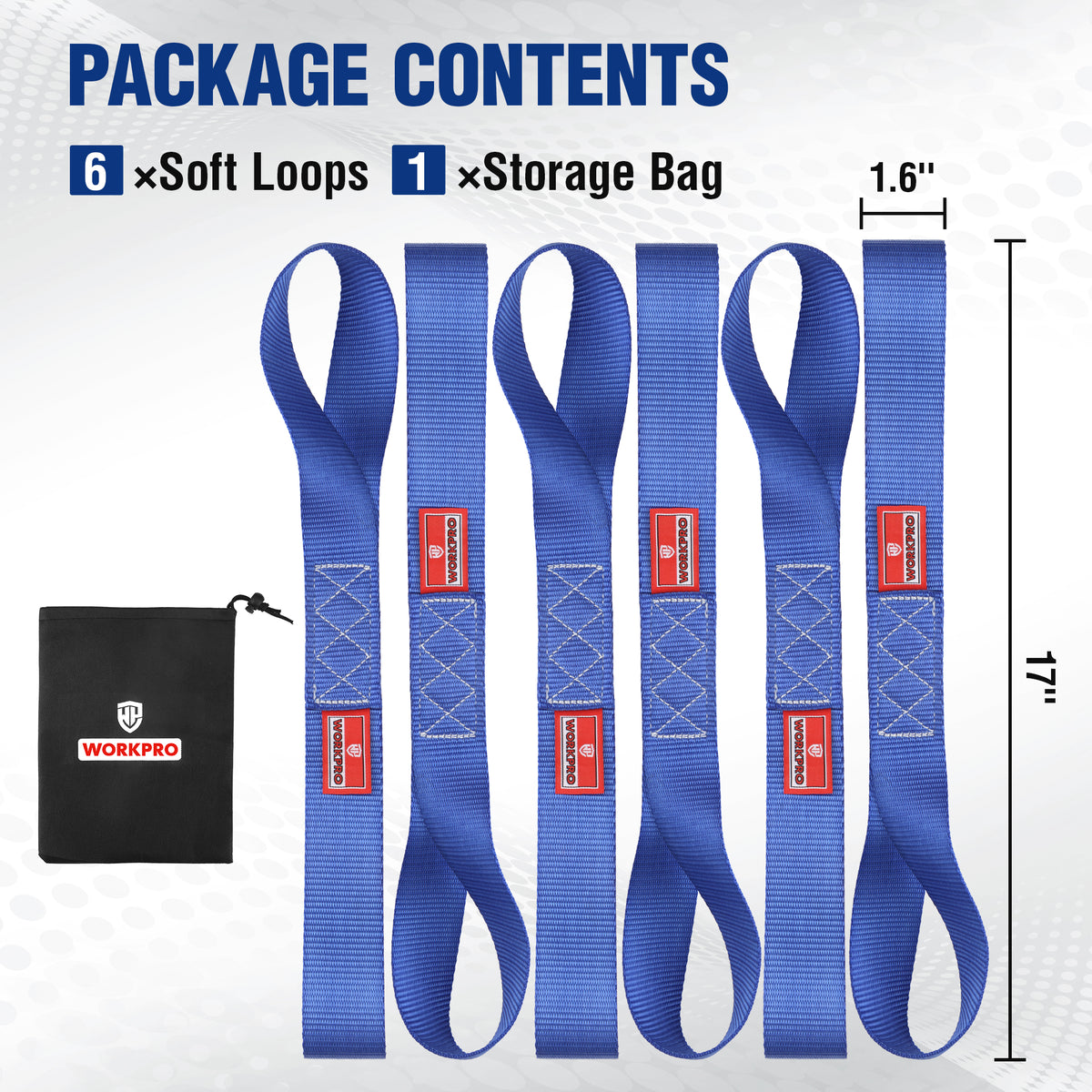 WORKPRO Soft Loop Tie Down Straps (6-Pack), 1.6" x 17", 5000 lbs Breaking Strength. Heavy Duty with Soft Loop Ends for Securing Motorcycles, ATVs, UTVs, Kayaks, Dirt Bikes - Blue