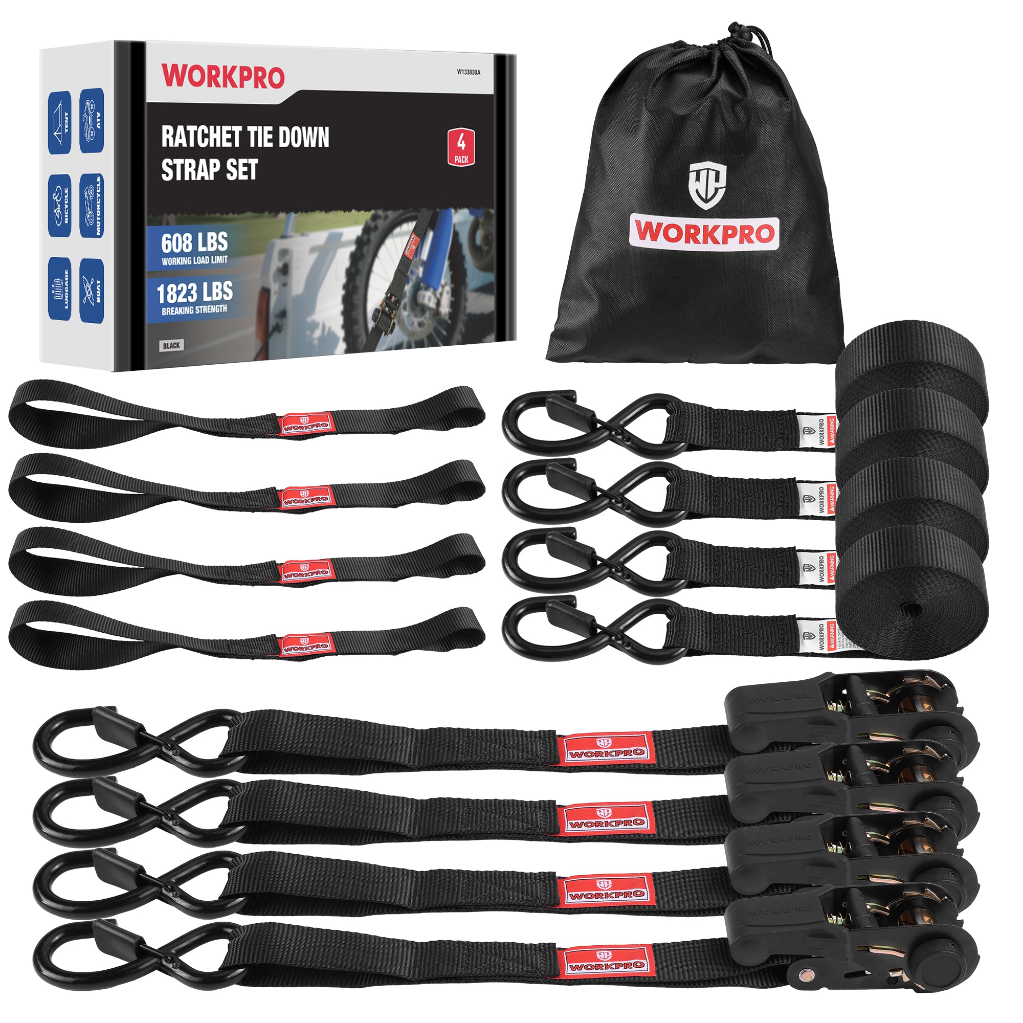 WORKPRO ratchet tie down straps black polyester with secure durable zinc plated ratchet mechanism, innovation quality