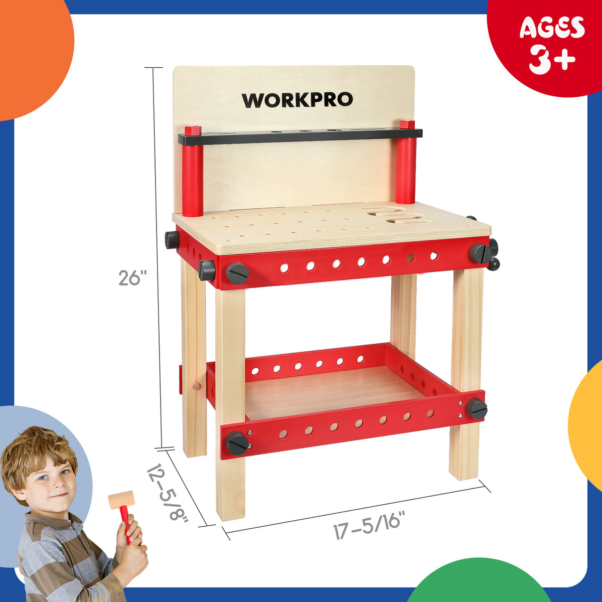 Workpro 70 piece wooden building toy tool set with red accents, natural wood finish, and 26 inch height