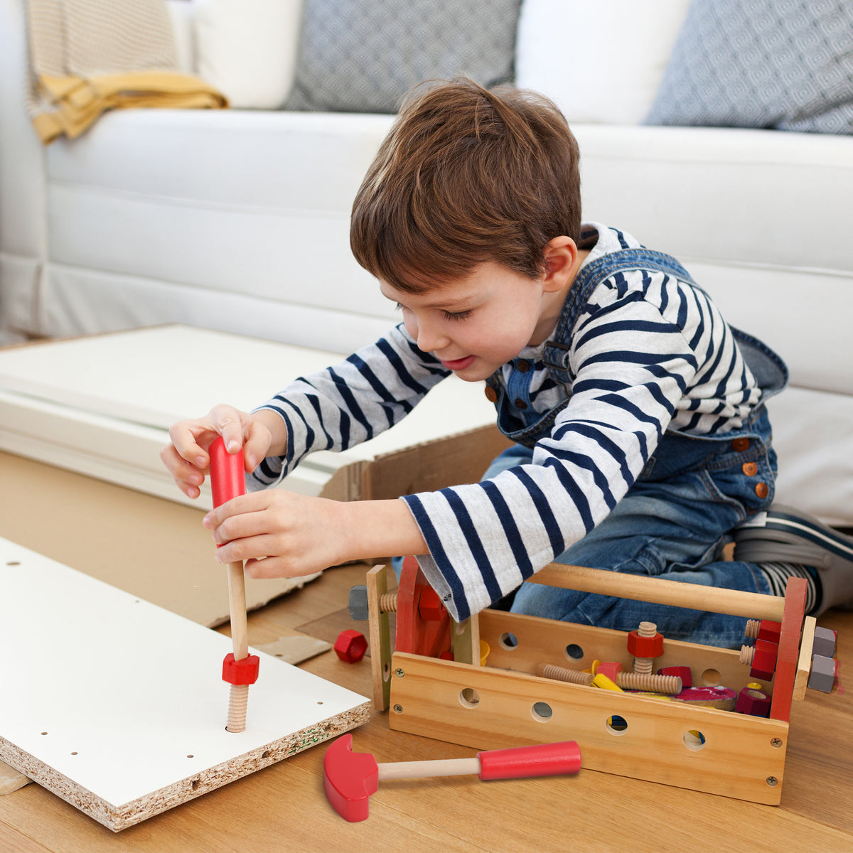 Workpro 70-piece wooden tool set with red-handled wrench, screwdriver, and hammer for pretend building and hands-on play