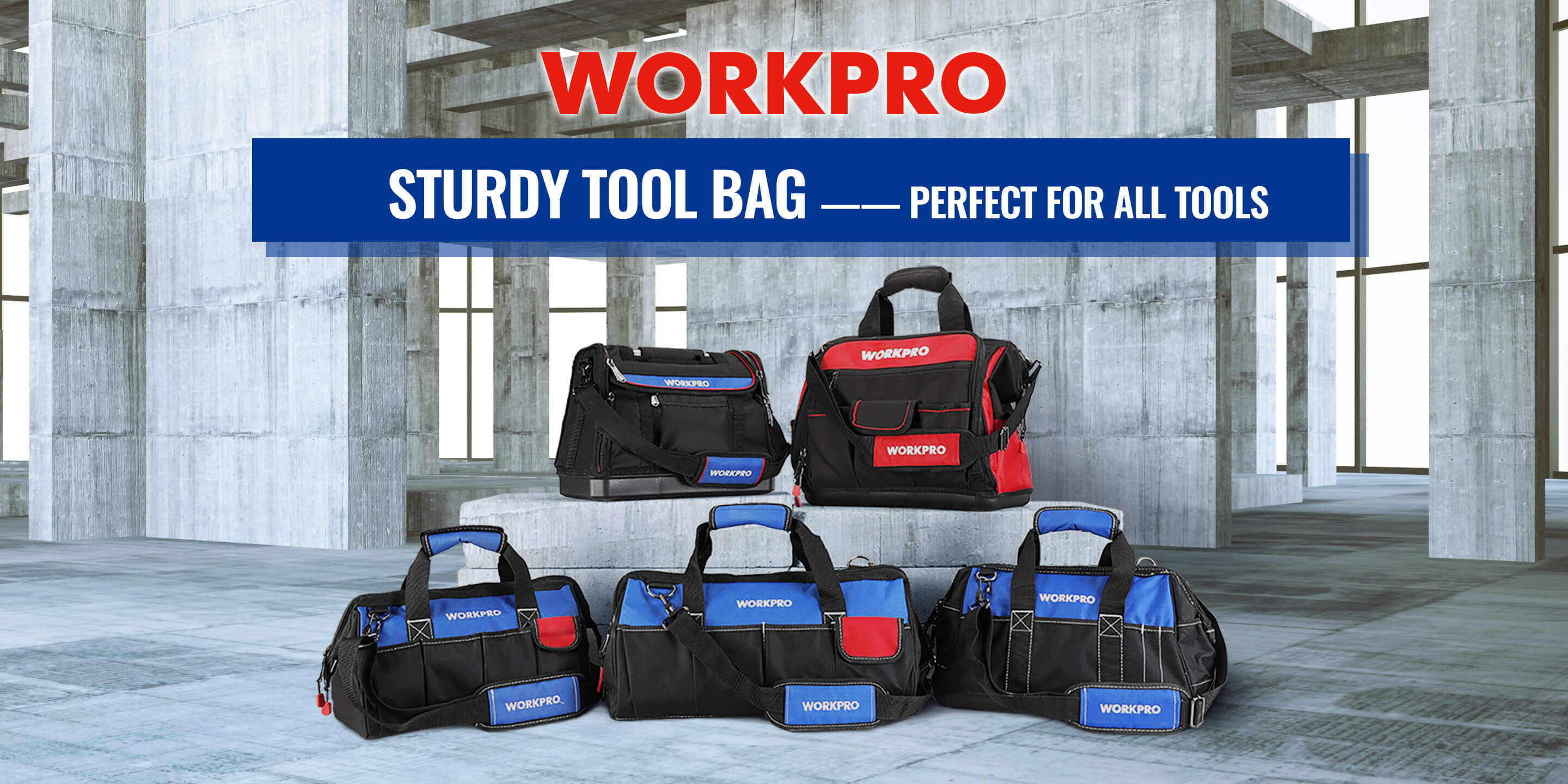 WorkPro tool bags in black and red with blue panels shown in an industrial concrete workshop setting