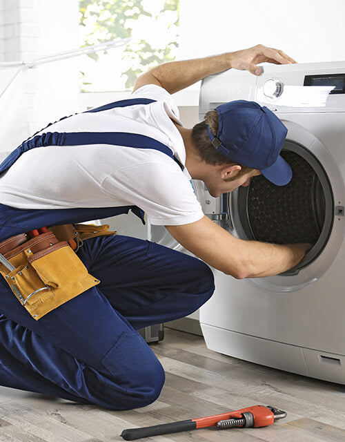 Technician repairing a front loading washing machine door, showing innovation and quality with secure, durable parts