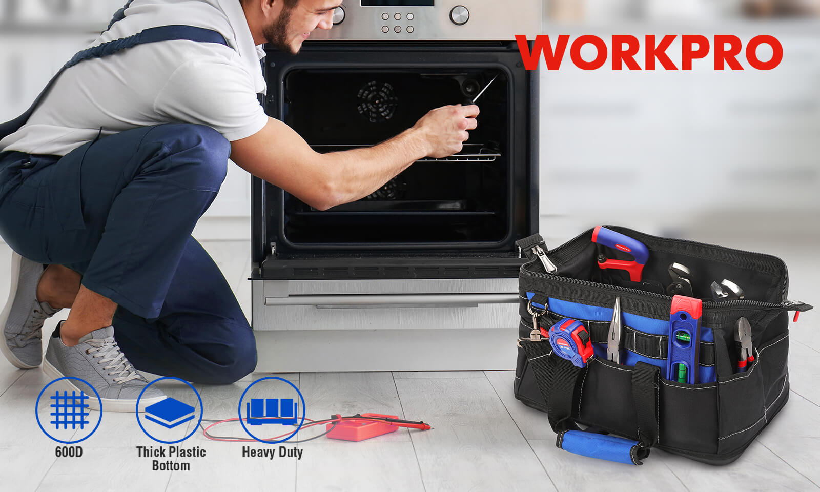 Technician installing an oven door, with innovation and quality tools and a durable work bag on the floor